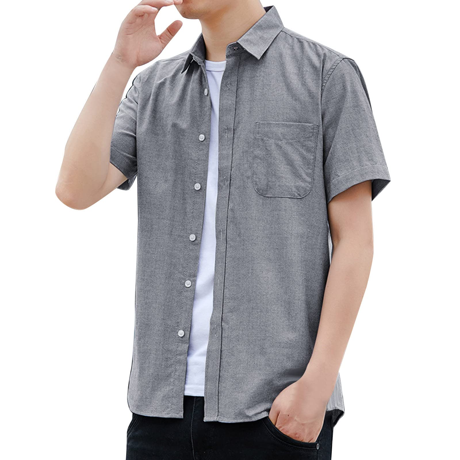 Men's Slim Fit Casual Short Sleeve Shirt - Korean Style Solid Color Lapel Top for Summer, Work, and Daily Wear