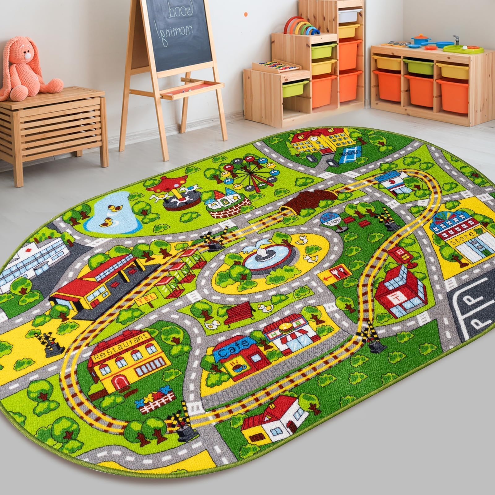 Booooom Jackson Kids Play Rug - Green Train Car Design, Non-Slip Oval Rug 4.9 x 6.6 ft for Nursery, Playroom & Bedroom | Perfect for Toddler Playtime, Storytime & Room Decor