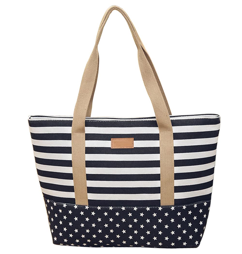 Large Lightweight Canvas Tote Bag - Eco-Friendly Reusable Shoulder Bag with Black Stripes for Shopping, Beach, Work & Travel