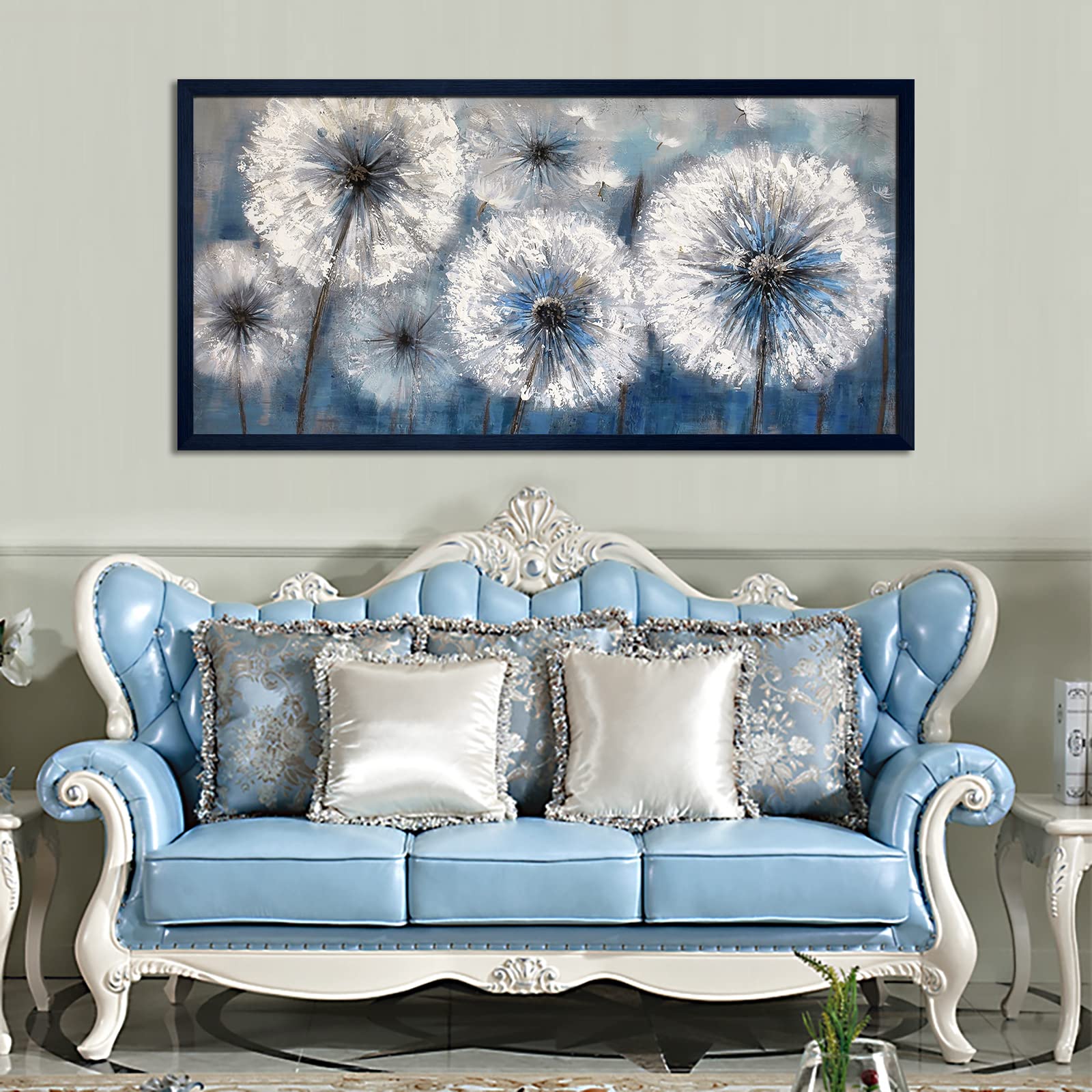 Blue Dandelion Canvas Wall Art - Large Framed Modern Flower Painting (29x58 Inches) for Living Room, Bedroom Decor - Perfect Above Bed, Sofa or Office Wall Decor