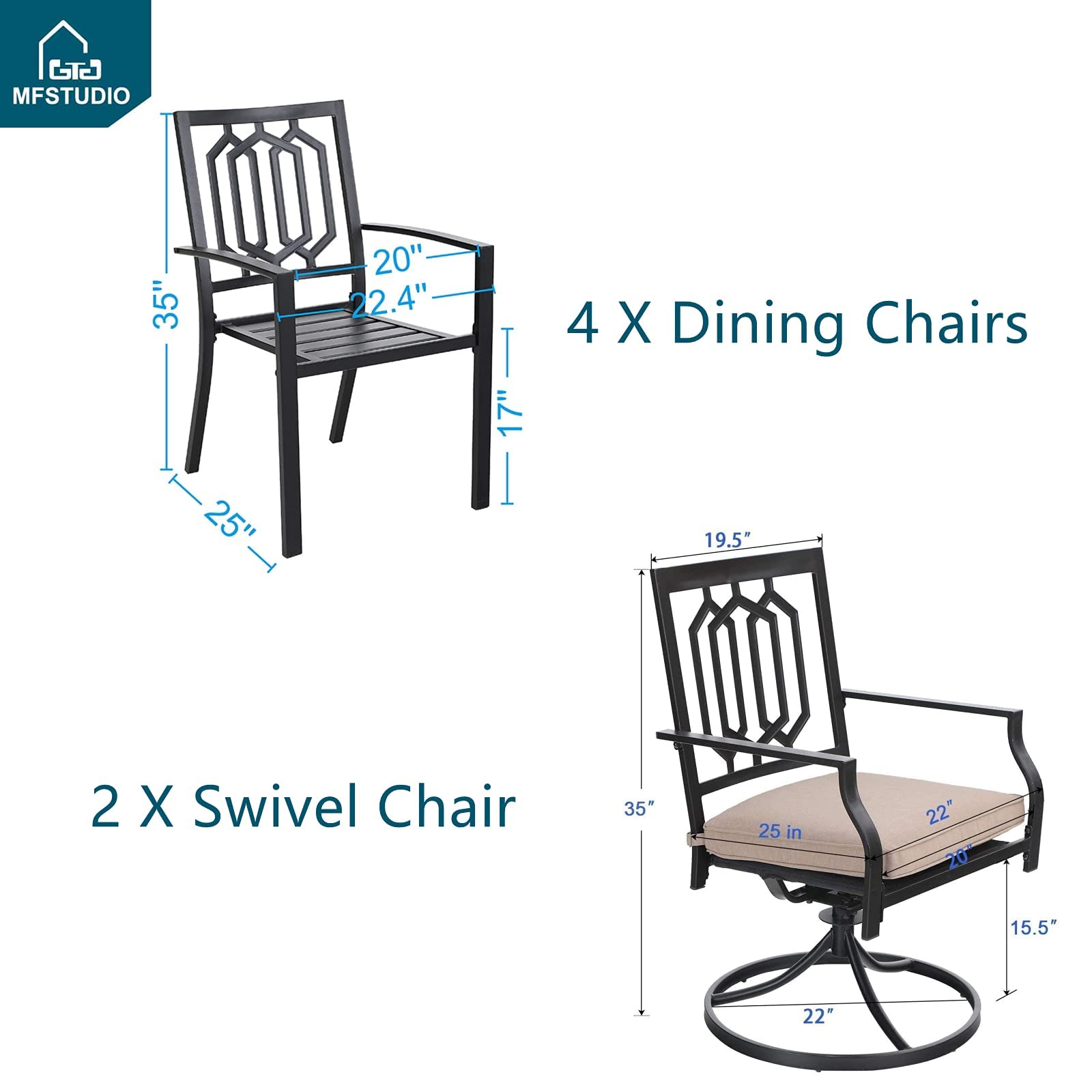 MFSTUDIO 8-Piece Outdoor Patio Dining Set with 4 Stackable Chairs, 2 Swivel Chairs, Rectangular Metal Table & 13ft Beige Umbrella (Base Not Included) - Perfect for Backyard BBQs, Poolside Gatherings & Garden Entertaining