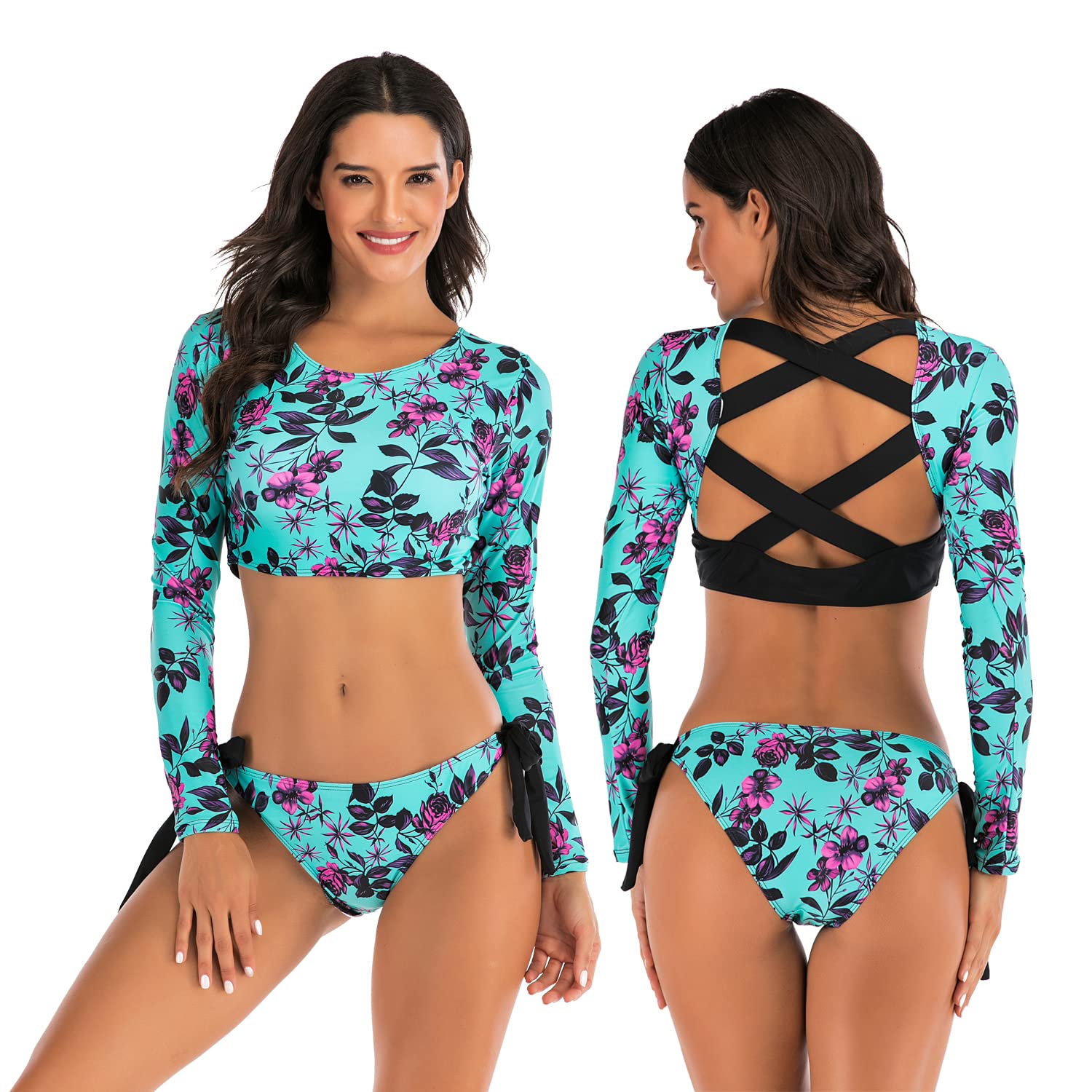 Women's UPF 50+ Long Sleeve Rash Guard Two Piece Swimwear Set - Cropped Swim Shirt & Boyshort Bottom for Beach, Pool & Water Sports Protection