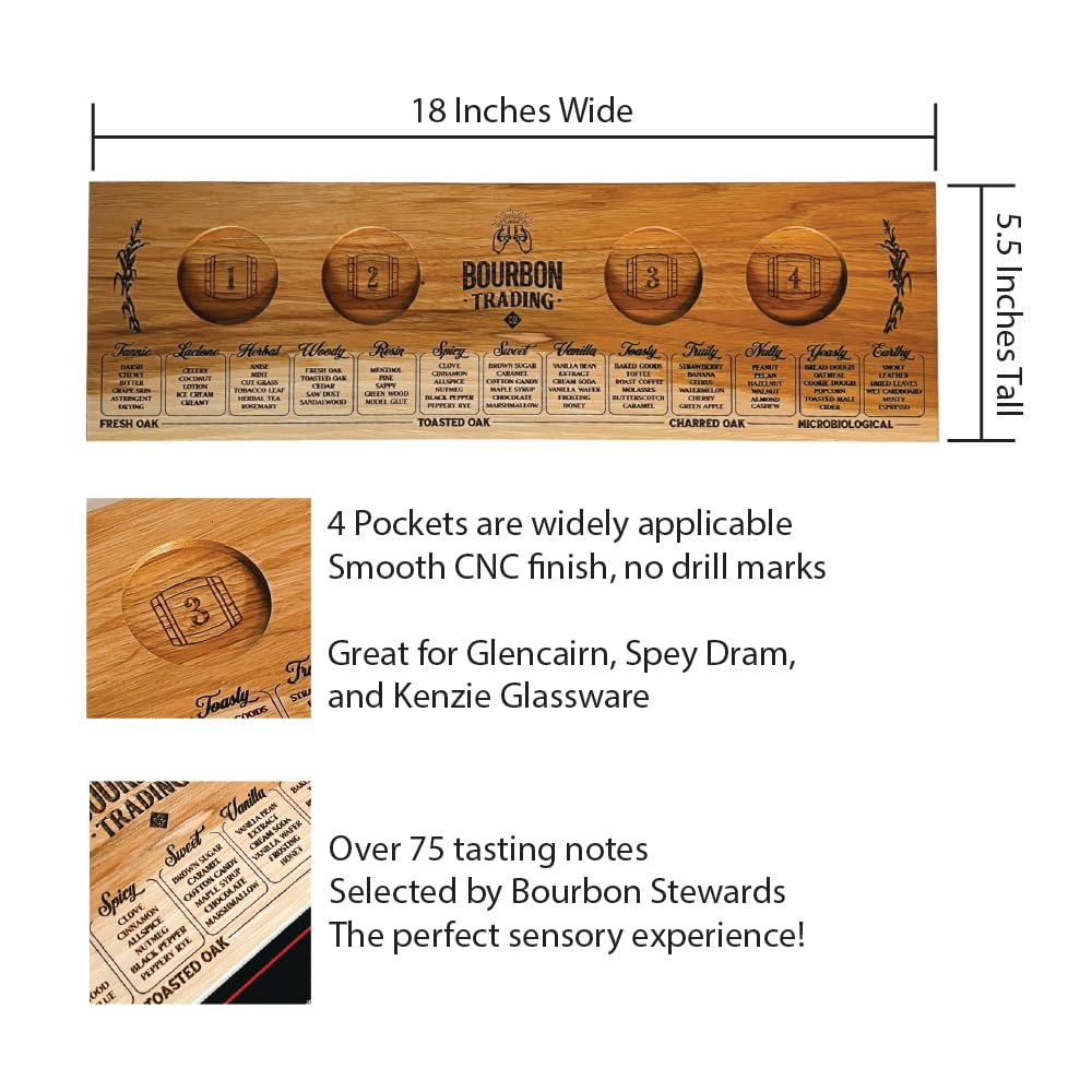 Custom Bourbon Tasting Set with Engraved Wood Flight Board & 4 Glasses - Perfect for Whiskey, Scotch & Bourbon Tasting - Ideal Gift for Men - Engraved Tasting Notes Included - Great for Home Bars, Man Caves & Whiskey Enthusiasts