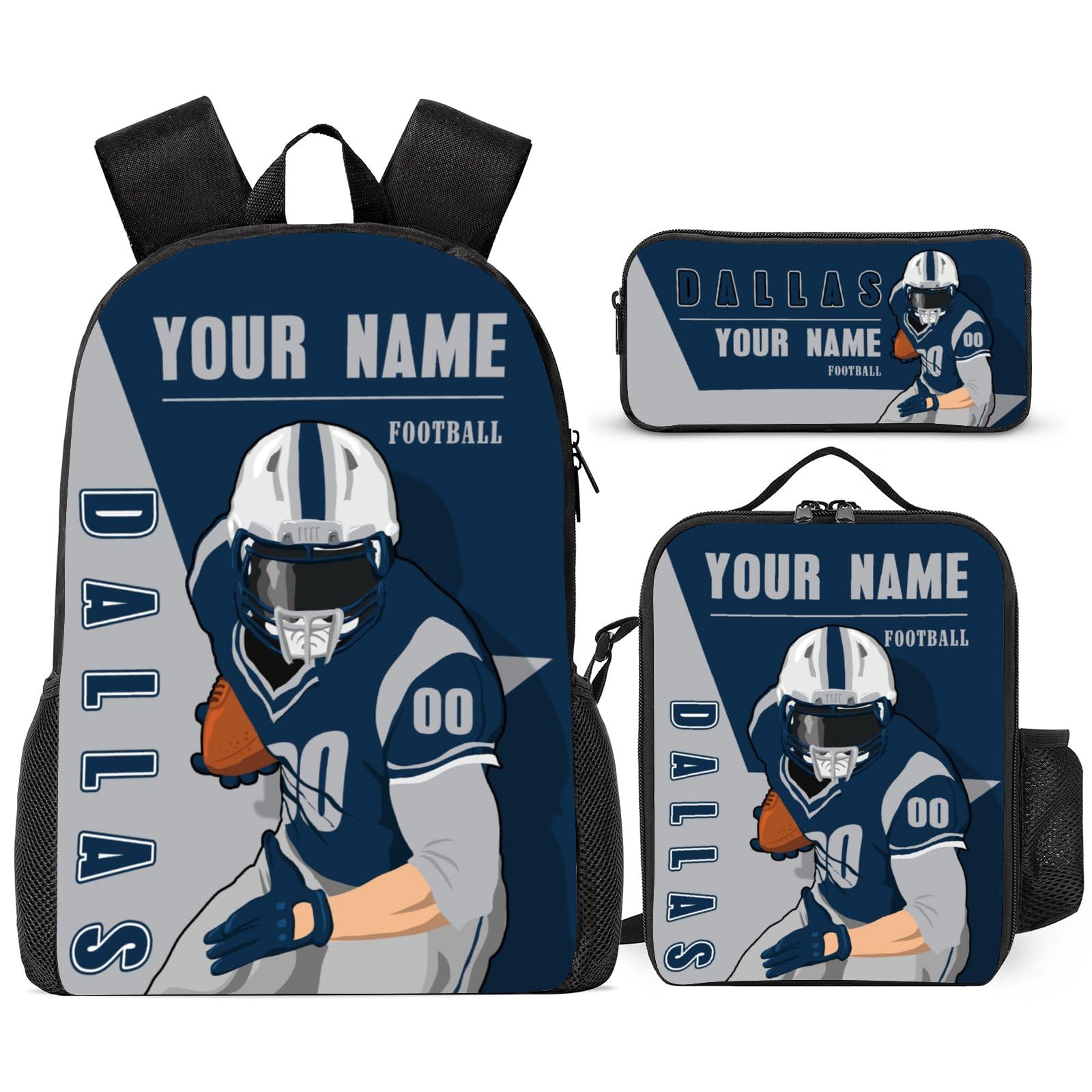 Custom Dallas Backpack 3-Piece Set for Men & Women - Personalized Laptop Bag, Lunch Box & Pencil Case with Name/Number - Perfect Gift for Students, Office Workers & Sports Fans - Great for School, Work & Travel