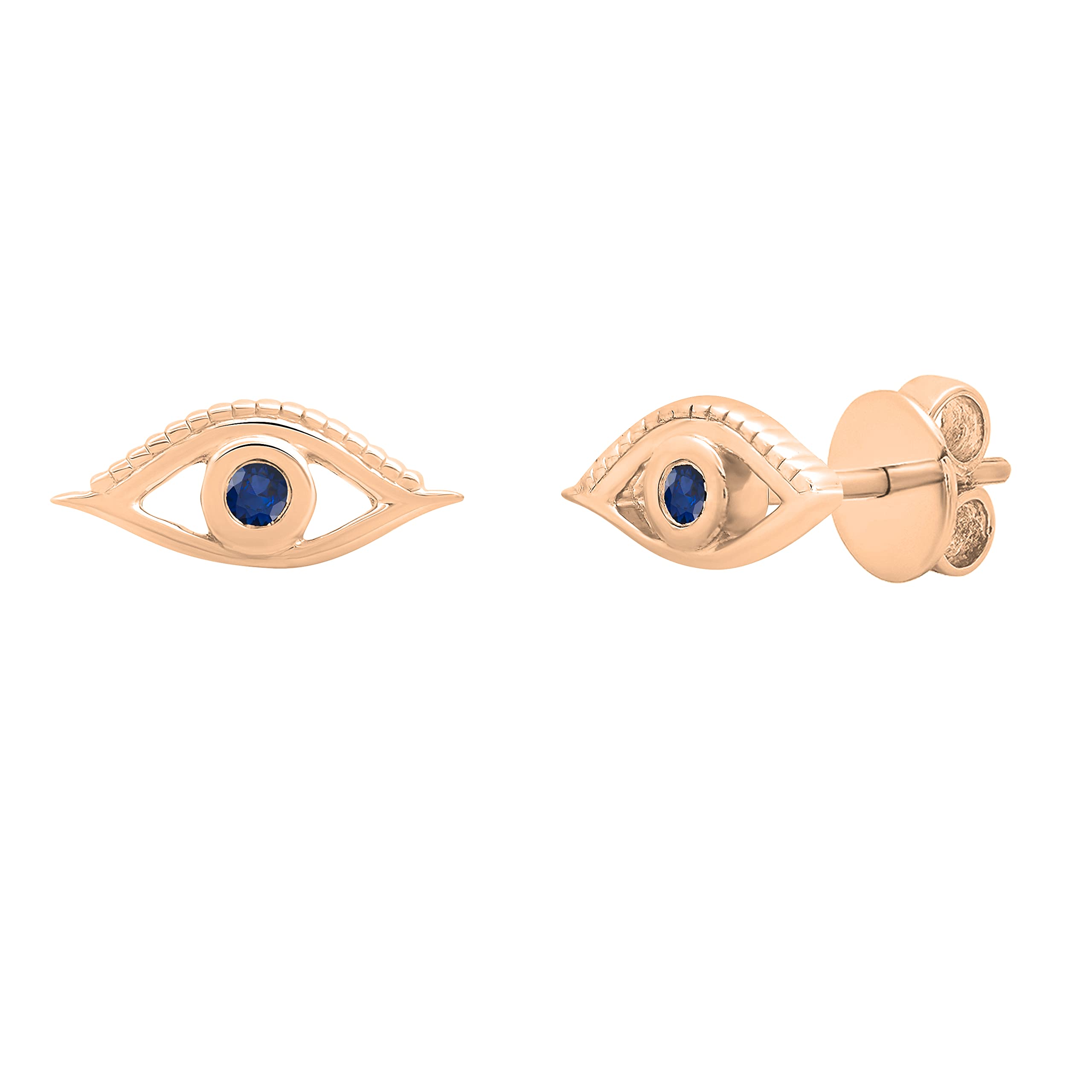 14K Solid Gold Round Blue Sapphire Evil Eye Stud Earrings for Women - Dazzlingrock Collection | Protection Jewelry for Everyday Wear & Special Occasions