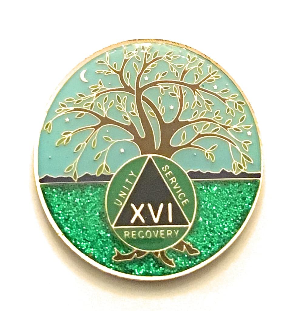 16 Year AA Medallion - Green & Blue Tree of Life Sobriety Chip | Alcoholics Anonymous Recovery Token | Inspirational Gift for Sobriety Milestones & 12-Step Programs