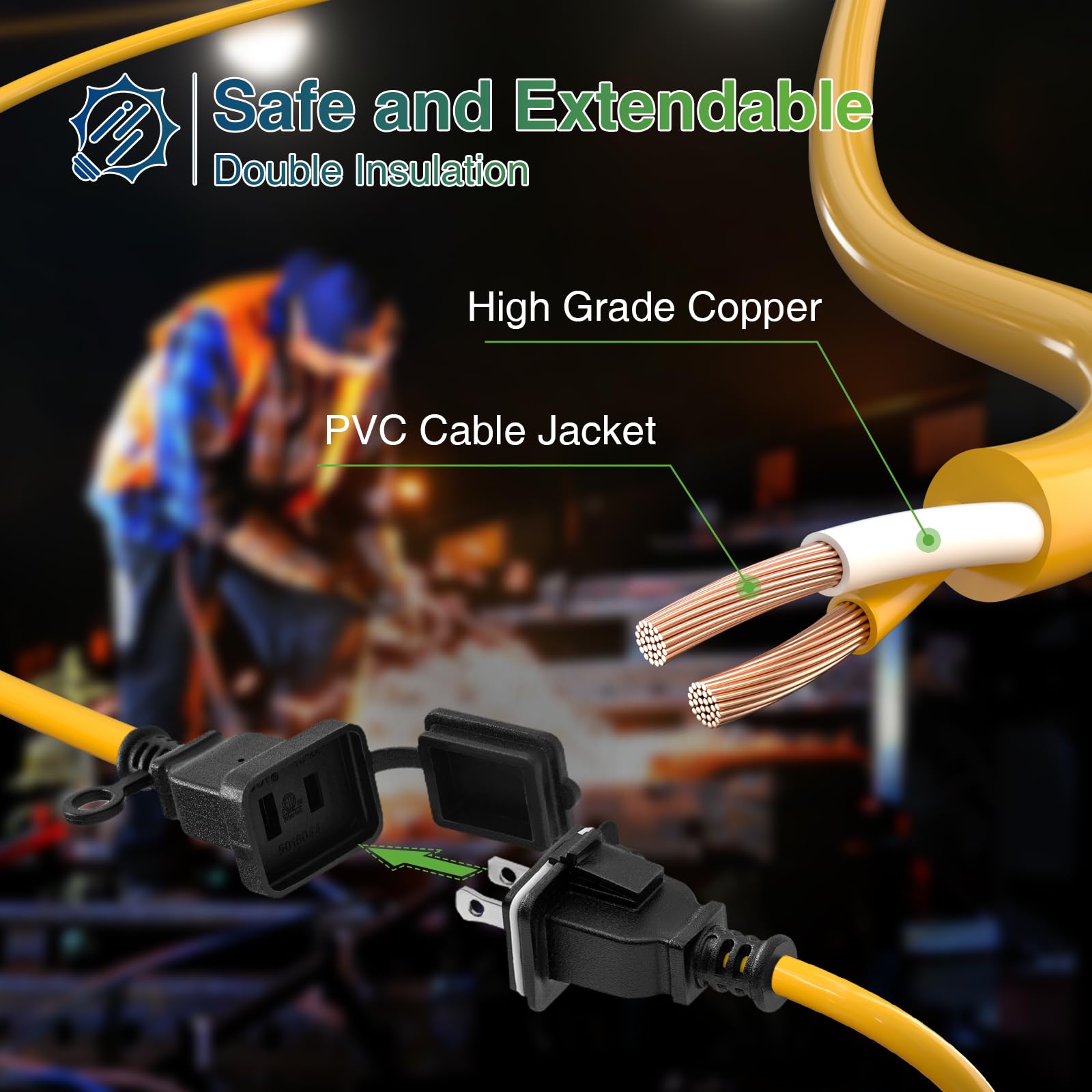 100FT Construction String Lights - 100W 12000LM IP65 Weatherproof Linkable Jobsite Work Light with 10 Replaceable Bulbs & Hanging Hooks | ETL Certified for Construction Sites, Warehouse, Backyard, Patio, Camping & Outdoor Events