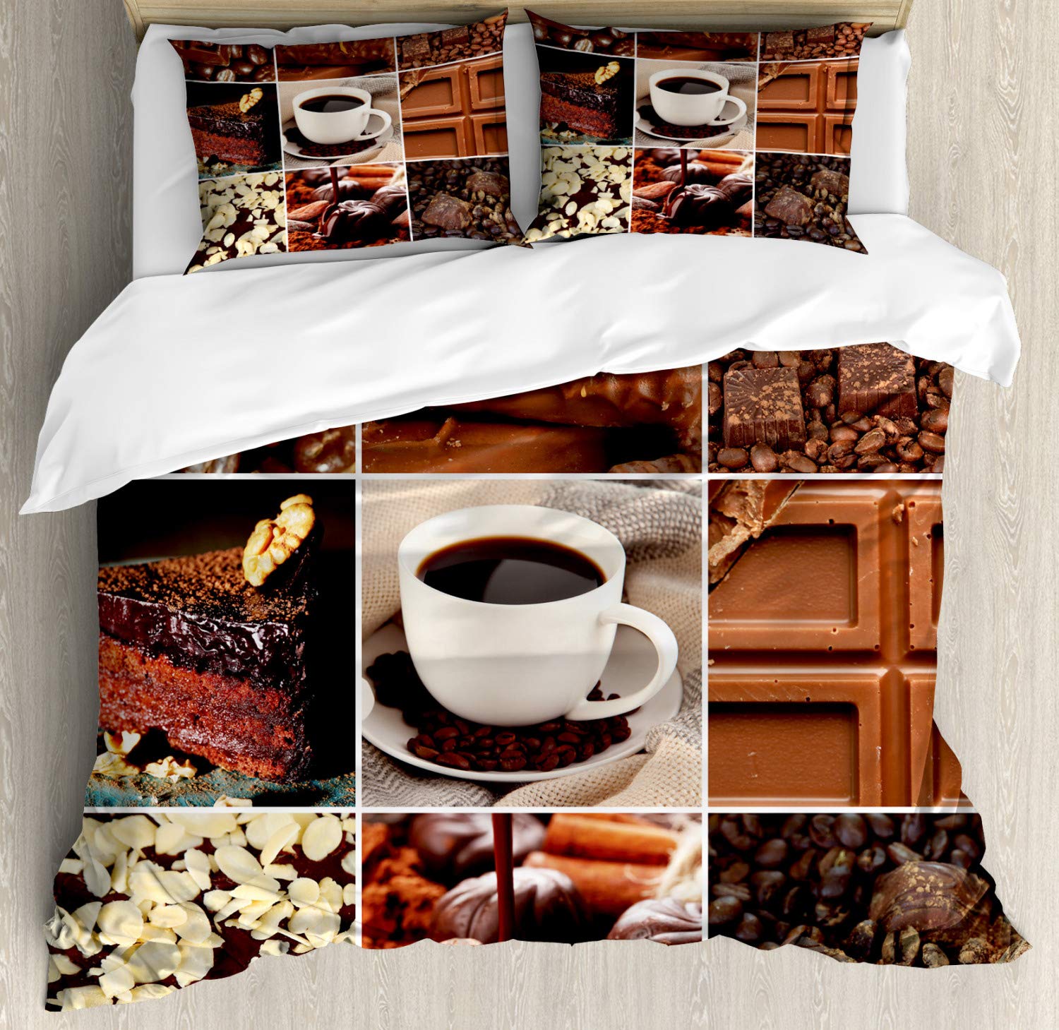 Ambesonne Brown Duvet Cover Set - King Size 3 Piece Bedding with 2 Pillow Shams, Coffee & Chocolate Themed Design Featuring Beans, Mugs, Snacks & Pastries - Perfect for Cozy Bedrooms, Guest Rooms & Cafe-Themed Decor