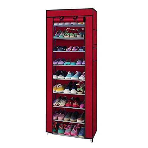 LAYUN 10-Tier Shoe Rack with Cover - Space Saving 9 Lattice Shoe Storage Organizer for Closet, Entryway & Bedroom - Sturdy Shoe Shelf Cabinet for Sneakers, Boots & Heels