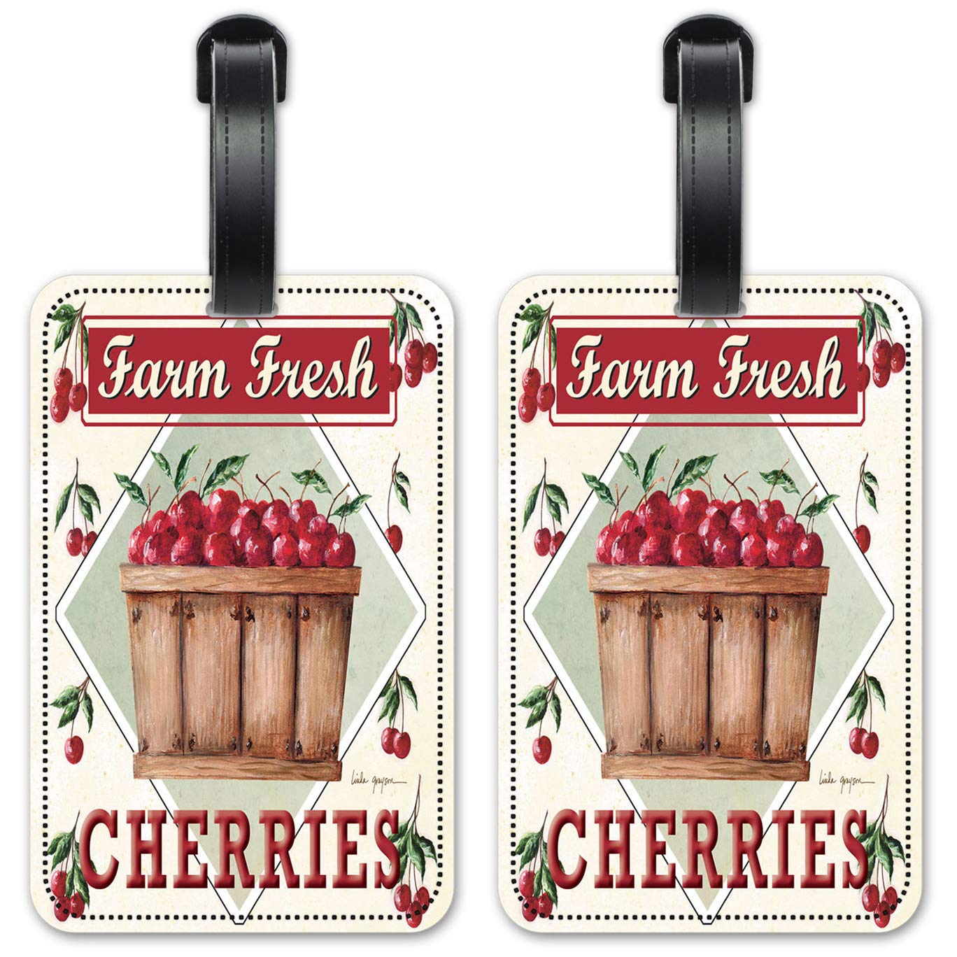 Fresh Sweet Cherries for Sale - Durable Luggage ID Tags & Suitcase Identification Cards (Set of 2) - Perfect for Travel, Airports & Cruise Vacations