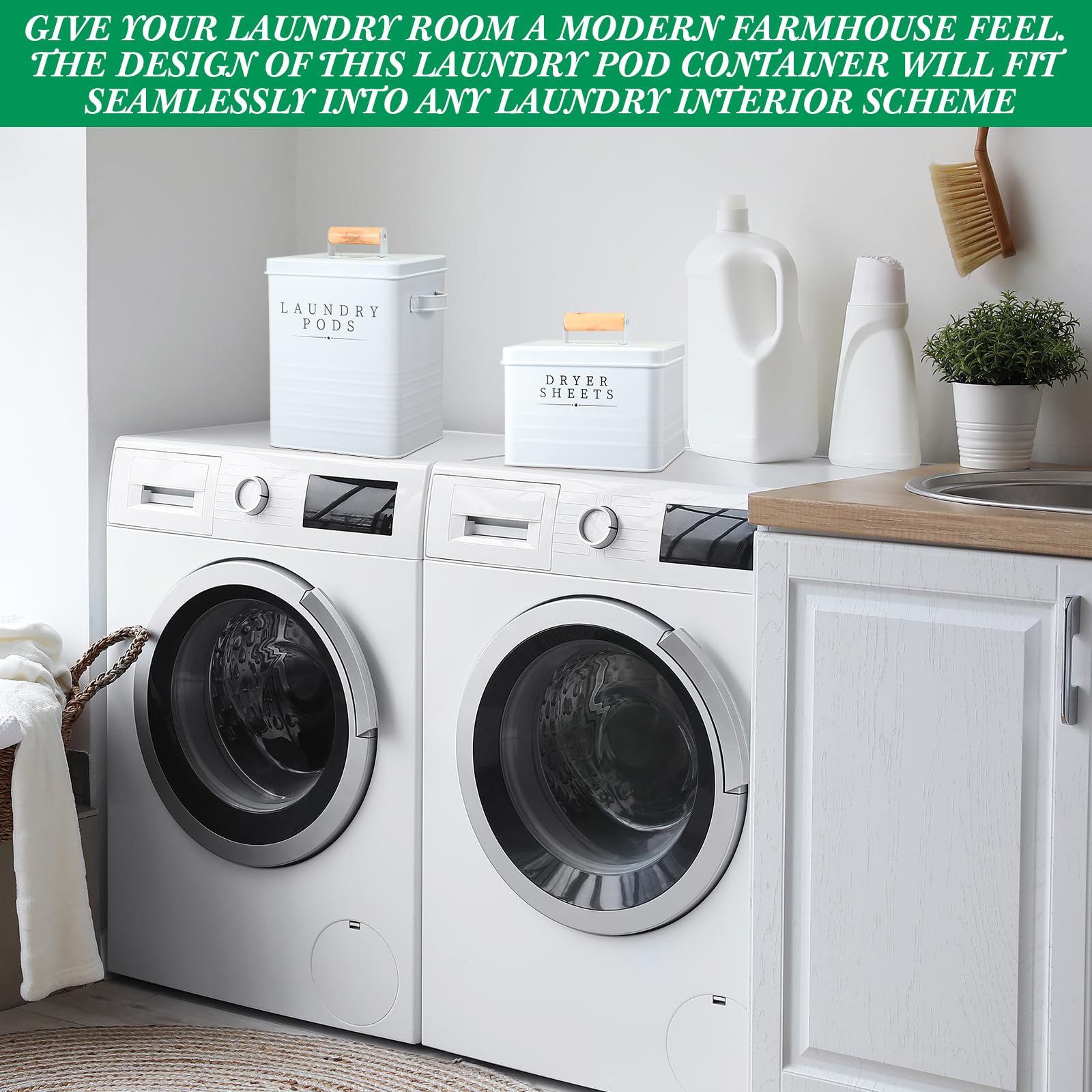 2-Pack White Metal Laundry Pod Container with Dryer Sheet Holder - Farmhouse Style Laundry Room Organizer, Detergent Storage Box with Lid & Handle - Perfect for Laundry Room Decor & Clothes Drying Organization