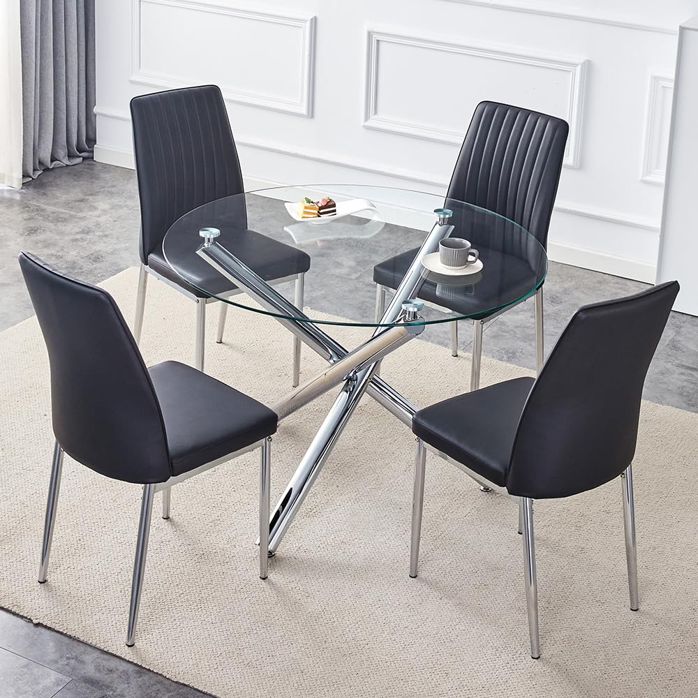 42 Inch Round Tempered Glass Dining Table Set for 4 with PU Leather Chairs - 5 Piece Modern Kitchen Table Set for Small Spaces | Perfect for Breakfast Nooks, Compact Dining Rooms & Cozy Apartments