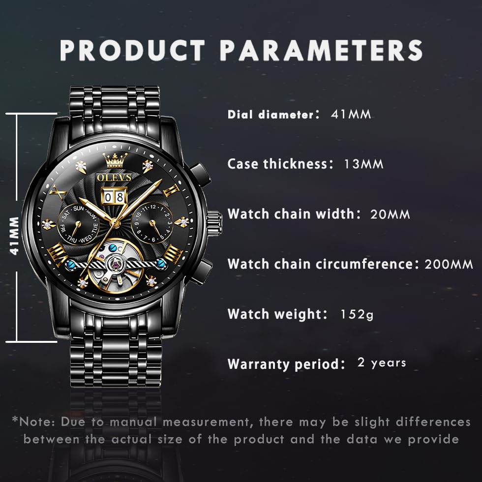 OLEVS Luxury Skeleton Automatic Mechanical Watch for Men - Diamond Accent, Self-Winding, Luminous Hands, Waterproof - Perfect for Business, Formal Events & Gift Giving