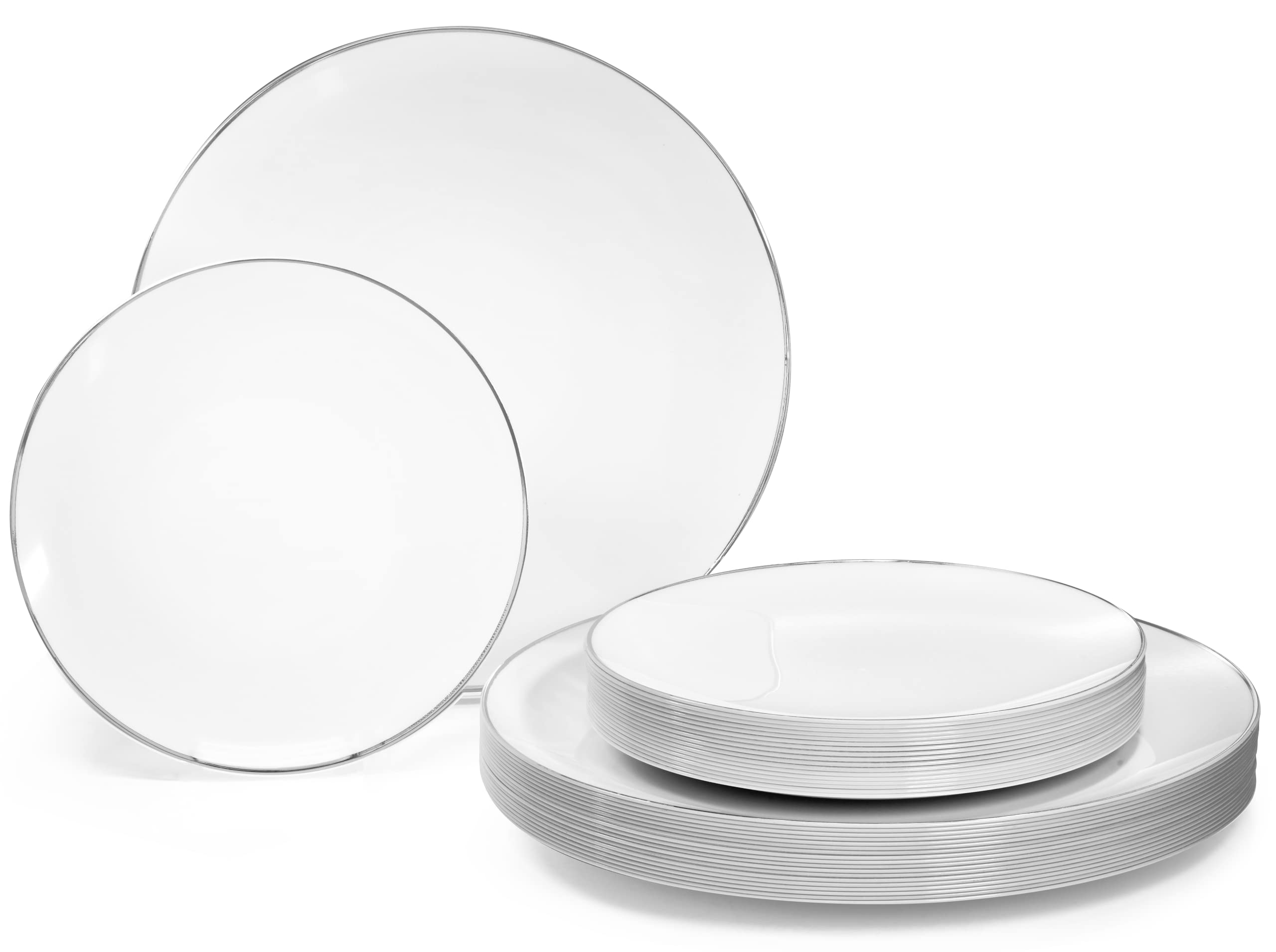 100-Pack Premium Disposable Plastic Plates for Weddings & Parties - 50 x 10.25'' Dinner Plates + 50 x 7.5'' Salad/Dessert Plates (Bali, White & Silver) - Perfect for Wedding Receptions, Bridal Showers, Birthday Parties & Catering Events