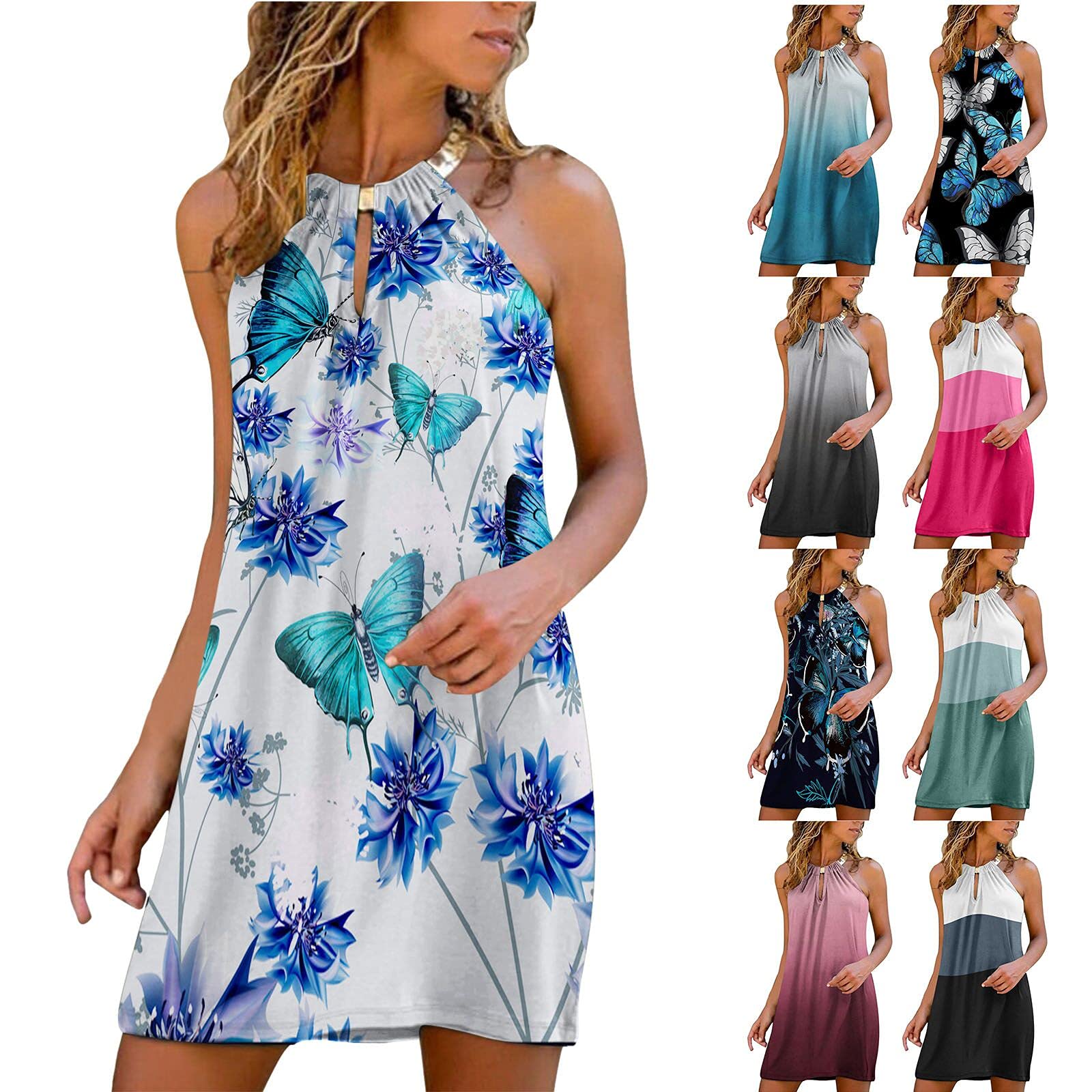 Boho Floral Print Halter Neck Mini Dress for Women - Loose Casual Sleeveless Sundress for Beach, Vacation & Summer Outfits