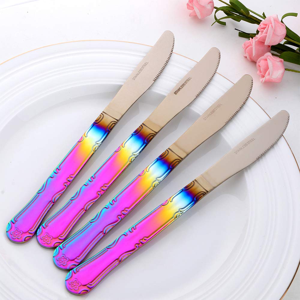 12-Piece Stainless Steel Dinner Knives Set - Flower Edge Table Knives with Gradient Rainbow Finish (8.6 Inches) - Classic Flatware for Home, Kitchen, or Restaurant Use - Perfect for Fine Dining, Dinner Parties & Everyday Meals