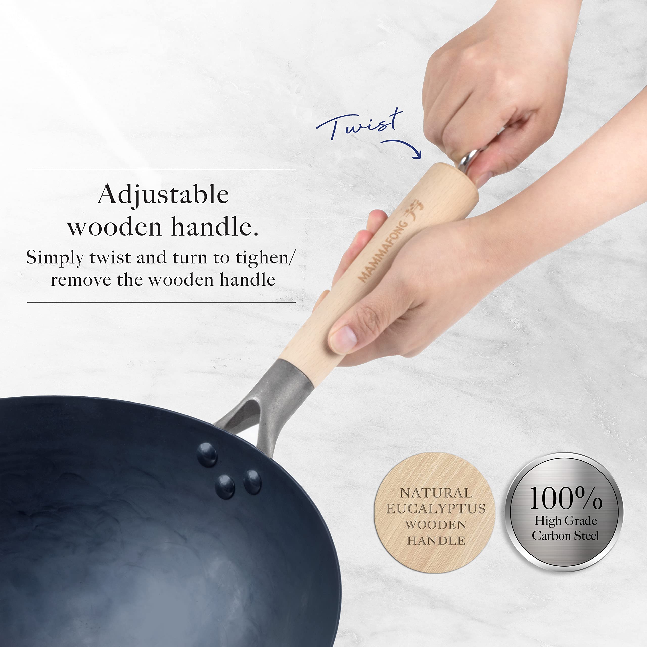 14 Inch Traditional Hand Hammered Pre-Seasoned Carbon Steel Wok Set with Spatula & Bamboo Brush - Round Bottom Chinese Stir Fry Pan for Professional Cooking, Home Kitchen & Asian Cuisine