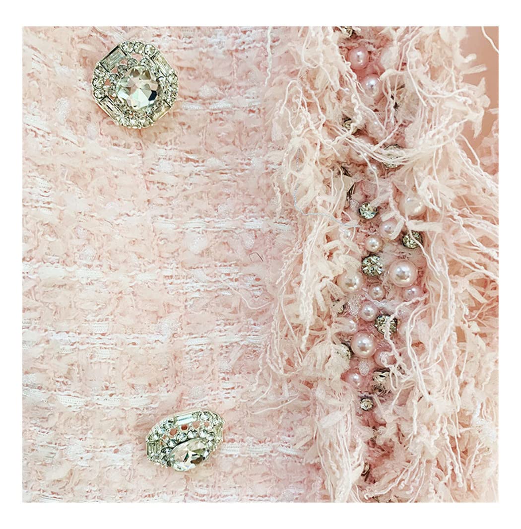 Luxury Pink Tweed Jacket for Women - Winter Beaded Cardigan with Tassels | Warm Thick Blazer Coat for Office, Parties & Date Nights