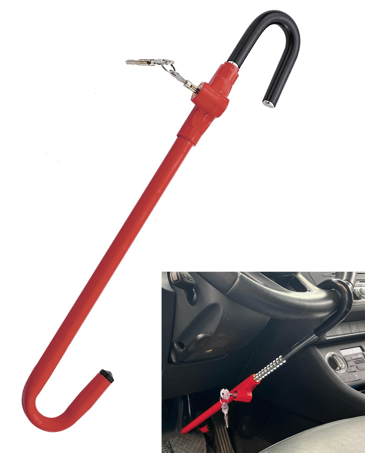 Universal Anti-Theft Steering Wheel Lock for Cars - Retractable Hook Design with Pedal Brake Lock | Dodomes Car Security Device (Red) | Perfect for Parking Security & Vehicle Theft Prevention