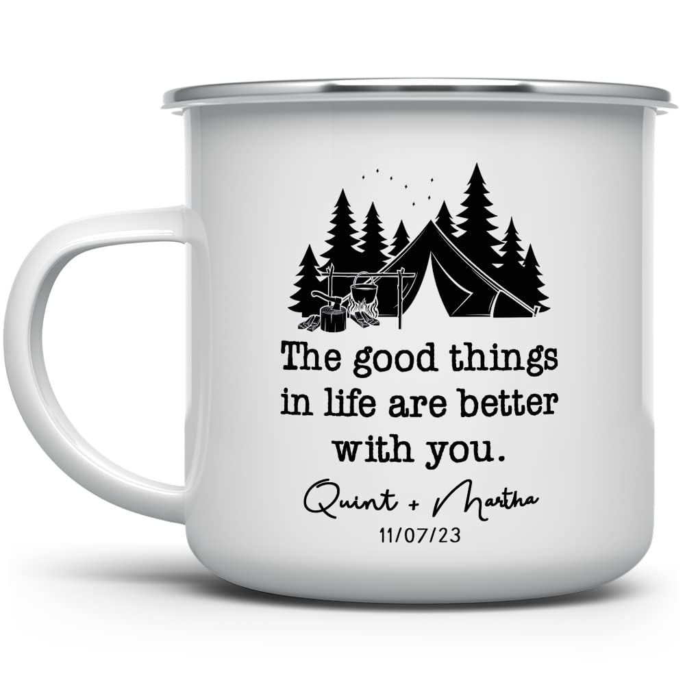 Personalized Wedding Engagement Campfire Mug - Custom Enamel Camp Cup for Couples, Valentines Day & Anniversary Gift for Fiance, Girlfriend, Boyfriend, Husband or Wife - Perfect for Romantic Camping Trips, Bridal Showers & Outdoor Adventures