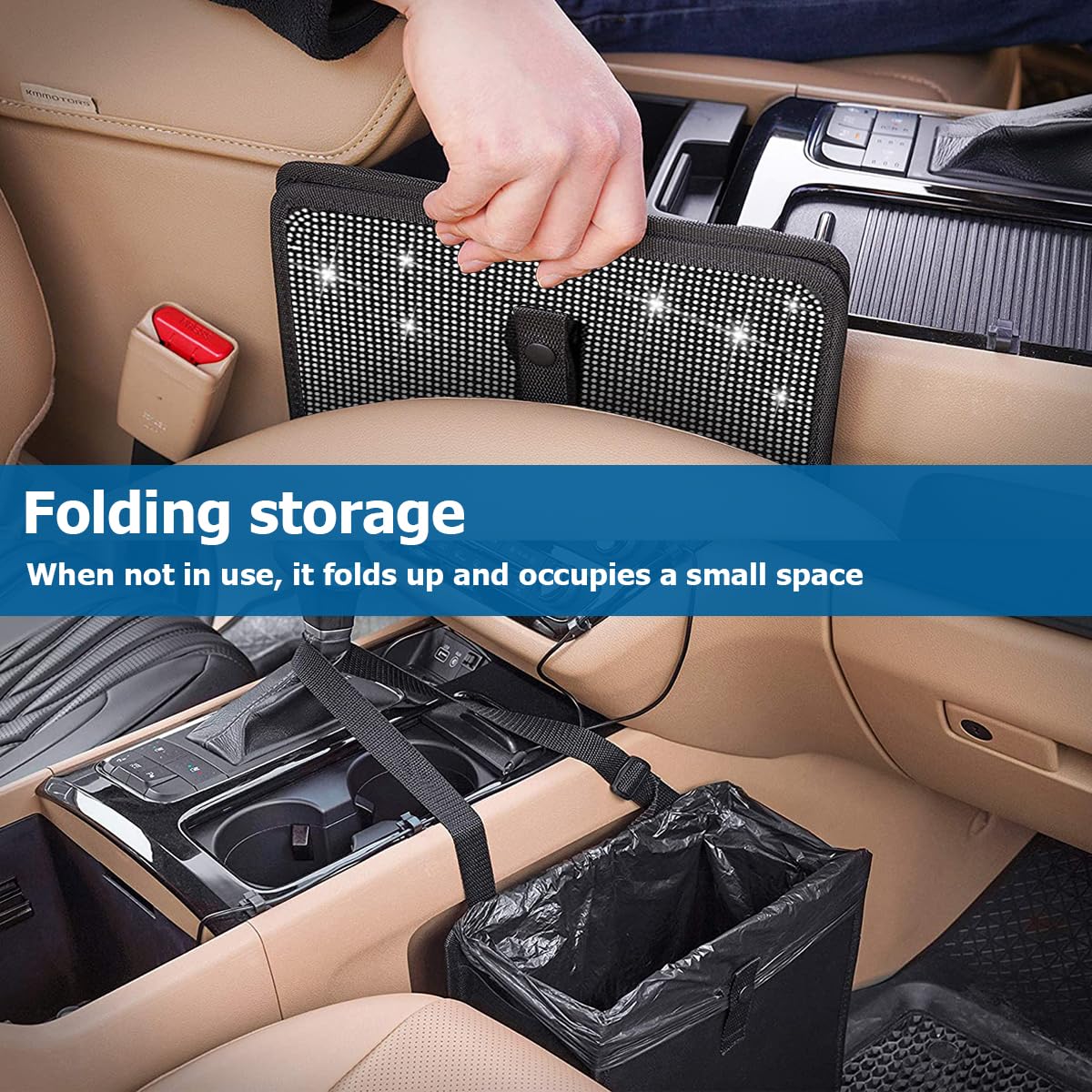 BELOMI Foldable Car Trash Can with Rhinestone - Waterproof Leakproof Hanging Garbage Bin for SUV, Truck & Vehicles | Multipurpose Auto Organizer Accessories | Perfect for Road Trips, Commuting & Car Cleaning