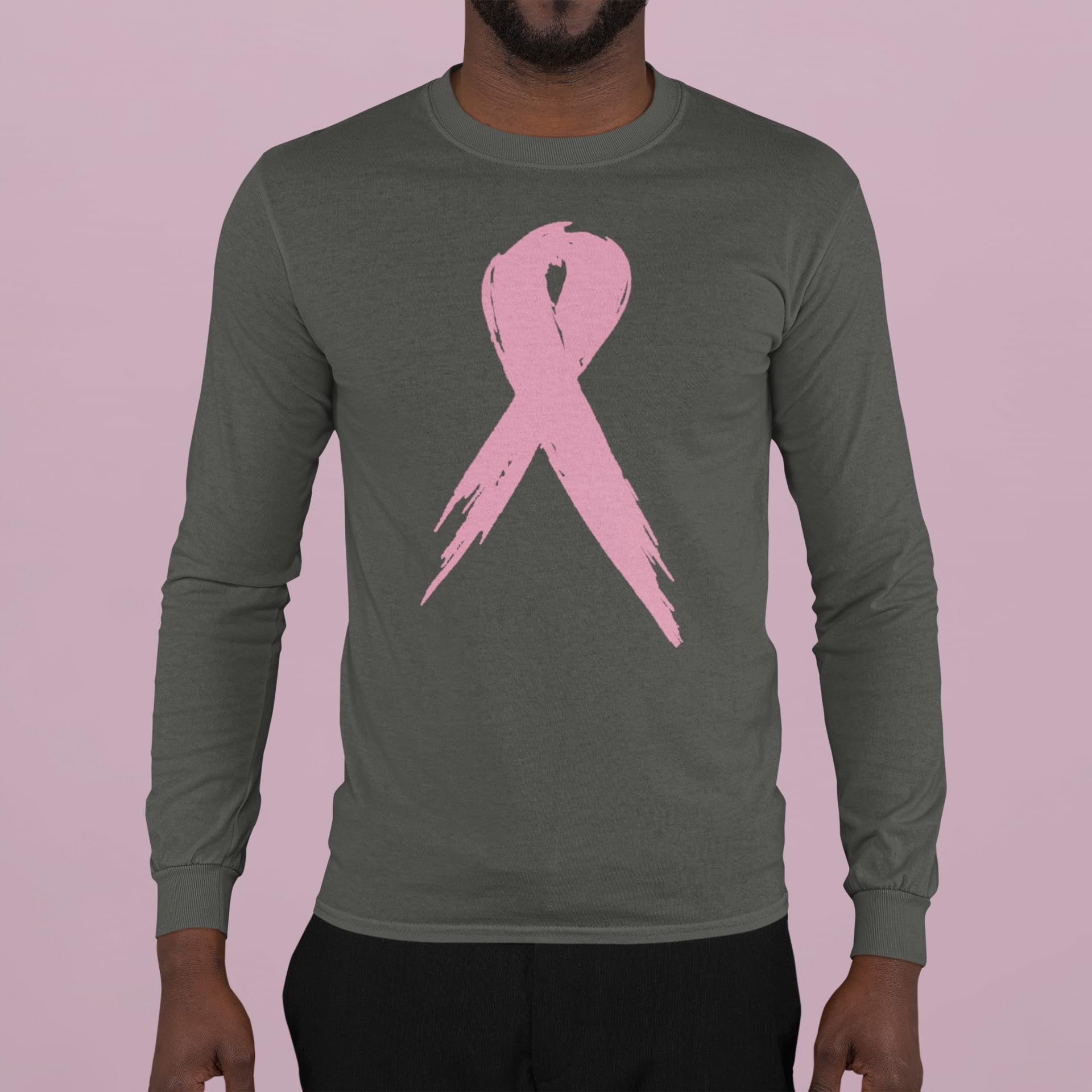 Pink Breast Cancer Ribbon Awareness Men's Long Sleeve Shirt - Support Cause with Comfortable Cotton Tee for Fundraisers & Everyday Wear