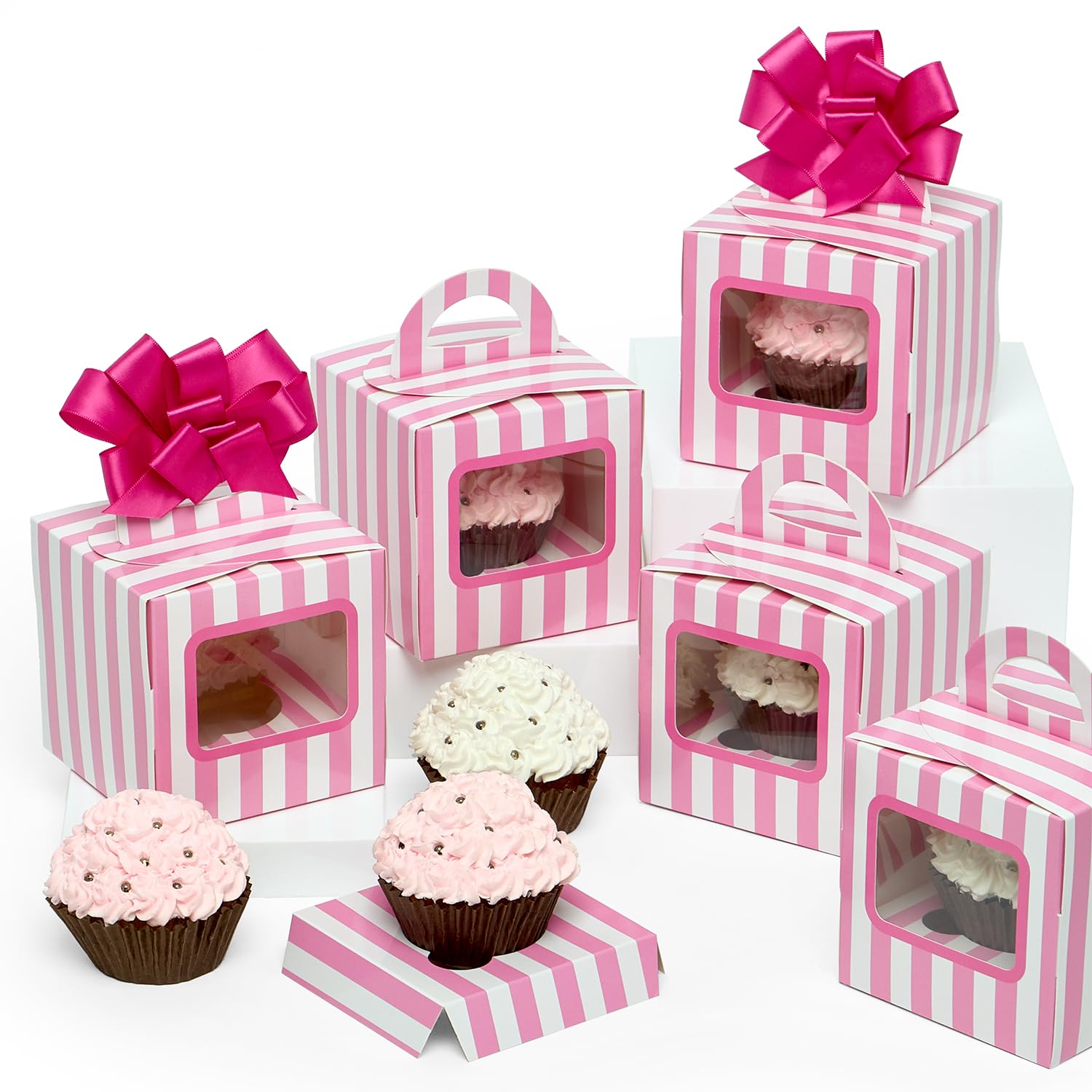 Premium White & Pink Striped Cupcake Boxes with Handles - 200 Pack (4