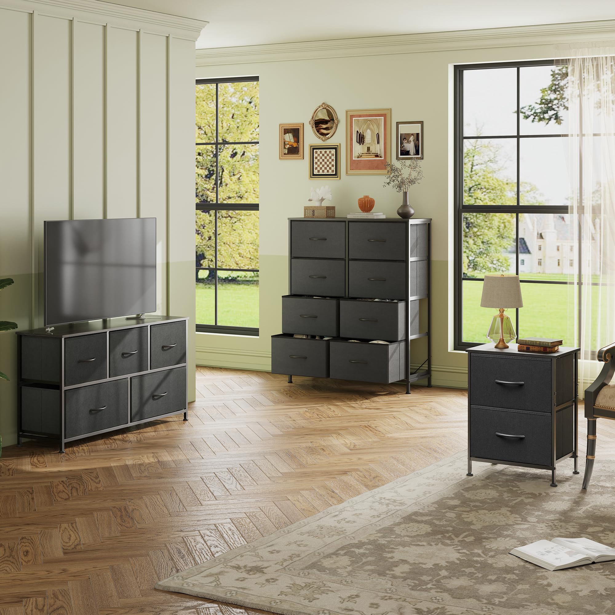 WLIVE 2-Drawer Nightstand & 5/8-Drawer Dresser Set - Fabric Storage Tower Organizer with Textured Bins & Steel Frame - Charcoal Black for Bedroom, Hallway, Closet | Space-Saving Storage Solution for Small Apartments & Dorm Rooms