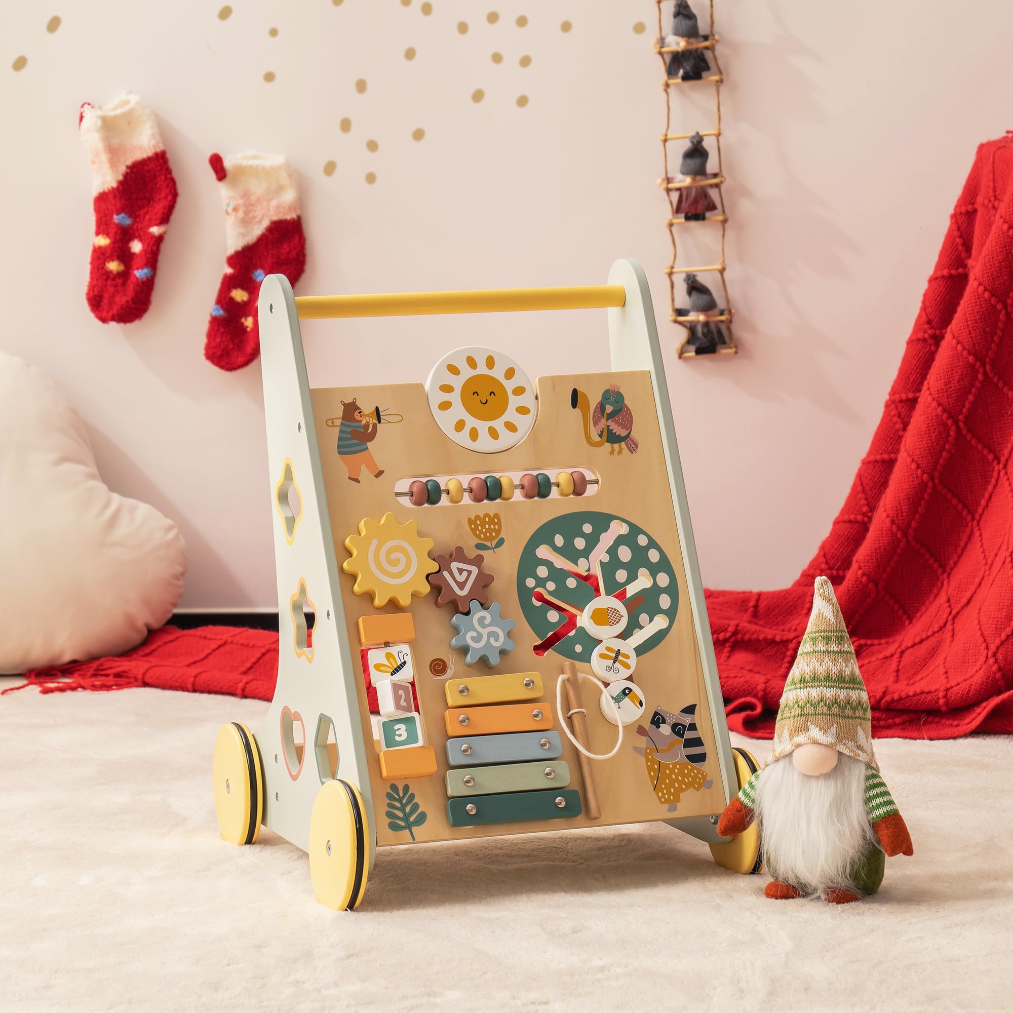 ROBOTIME Wooden Baby Walker Push Toy with Wheels - Montessori Learning Walking Assistant for Toddlers Boys & Girls - Perfect for First Steps & Indoor Playtime