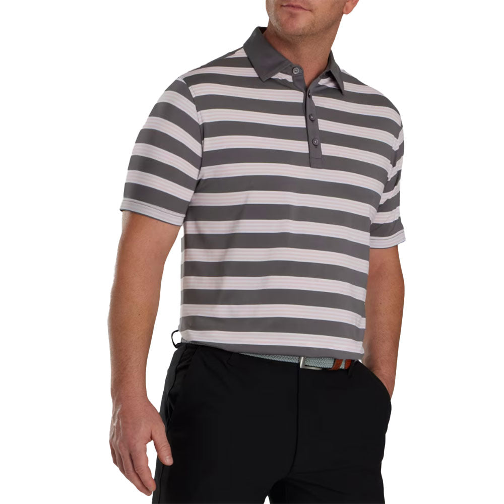 FootJoy Bold Stripe Lisle Gravel Mist Men's Golf Polo Shirt - Moisture Wicking & UV Protection for Summer Golf Tournaments & Country Club Wear