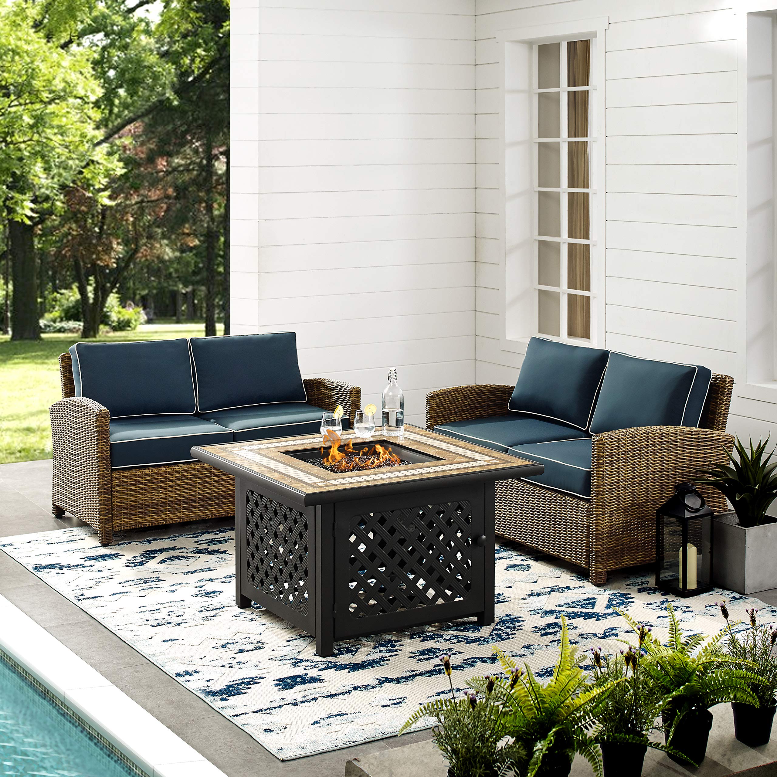 Crosley Bradenton 3-Piece Wicker Outdoor Loveseat Set with Gas Fire Pit Table & Navy Cushions - Brown Patio Furniture for Garden, Backyard, and Poolside Relaxation