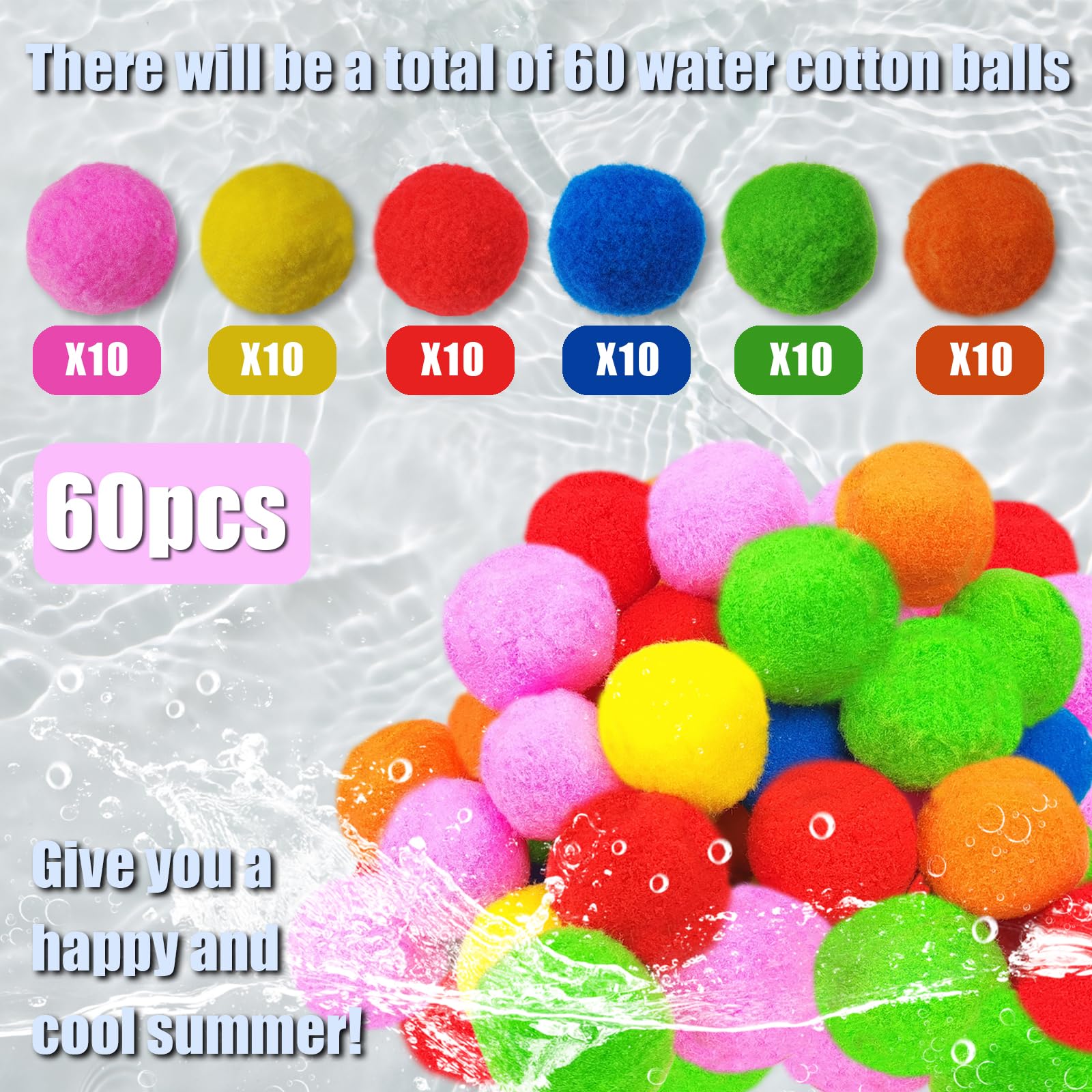 QPEY 60 PCS Reusable Water Soaker Balls - Eco-Friendly Water Balloons for Outdoor Summer Fun | Splash Games for Kids & Adults at Pool, Beach, Backyard & Parties | No Mess, Refillable Water Toys for Hot Days