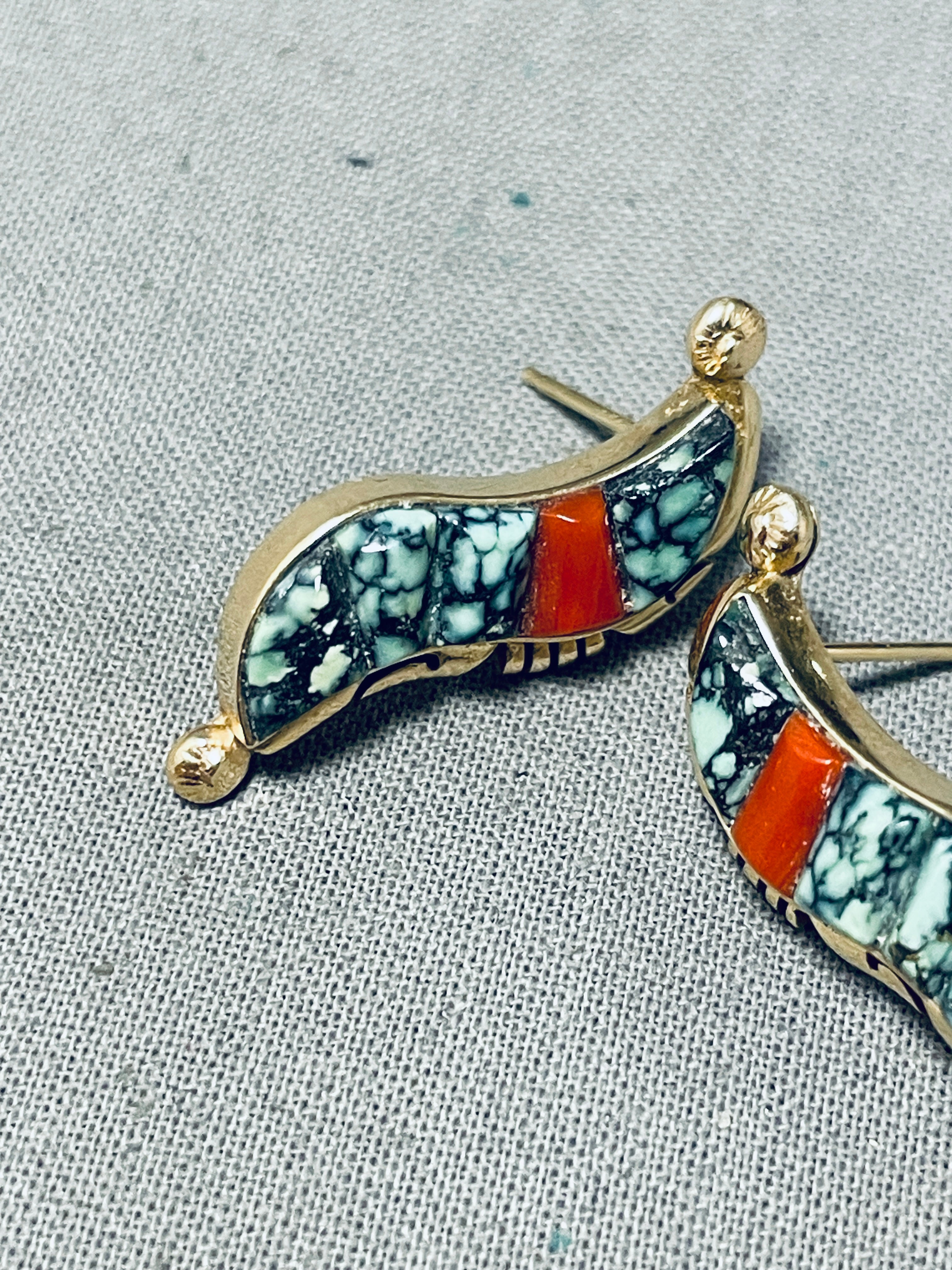 14K Gold Vintage Native American Navajo Dave Clark Turquoise Inlay Earrings - Handmade Southwest Jewelry for Women, Boho Chic Accessories for Parties & Special Occasions