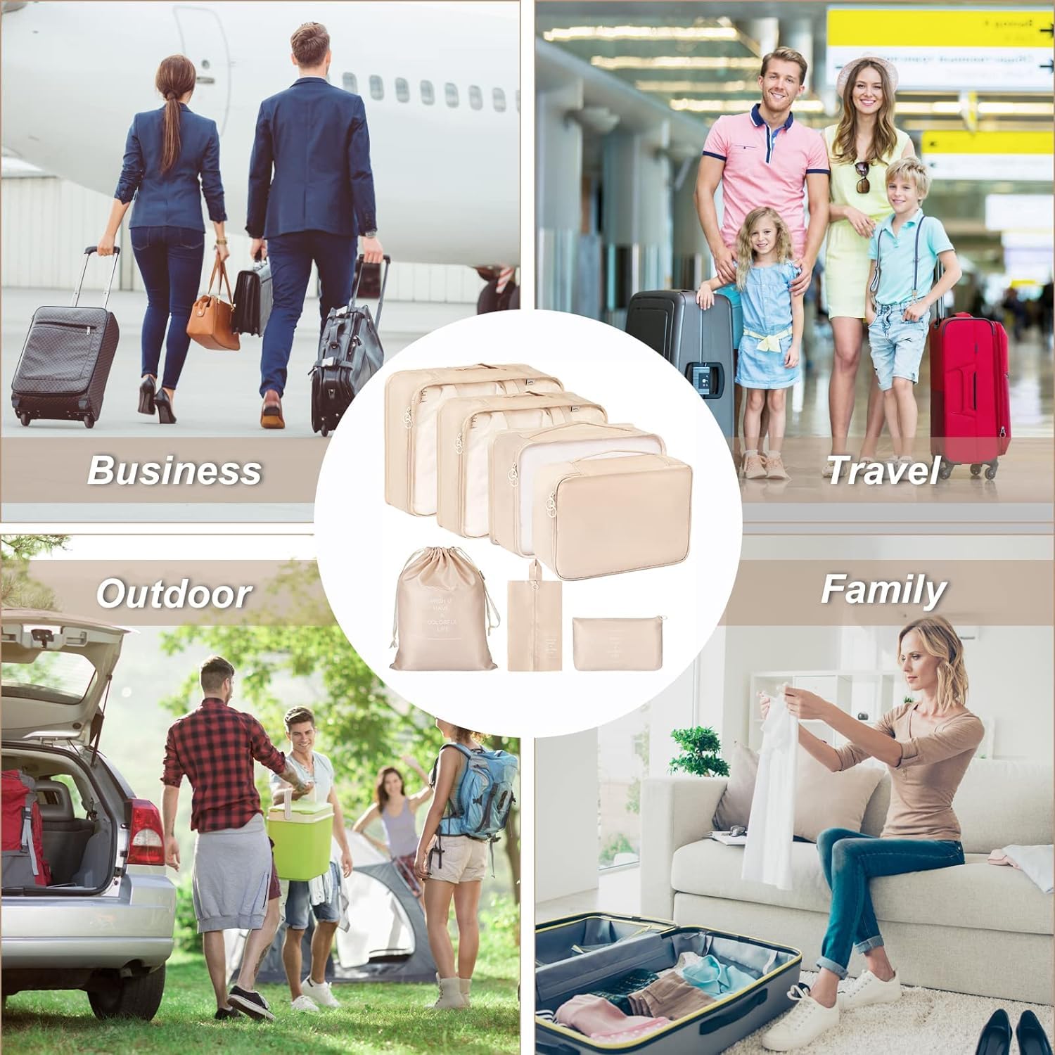 TECHSUN 7-in-1 Travel Organizer Set - Nylon Packing Cubes with Laundry Bag, Cosmetic Case & Shoe Compartment for Luggage (Beige) | Perfect for Business Trips, Vacations & Weekend Getaways