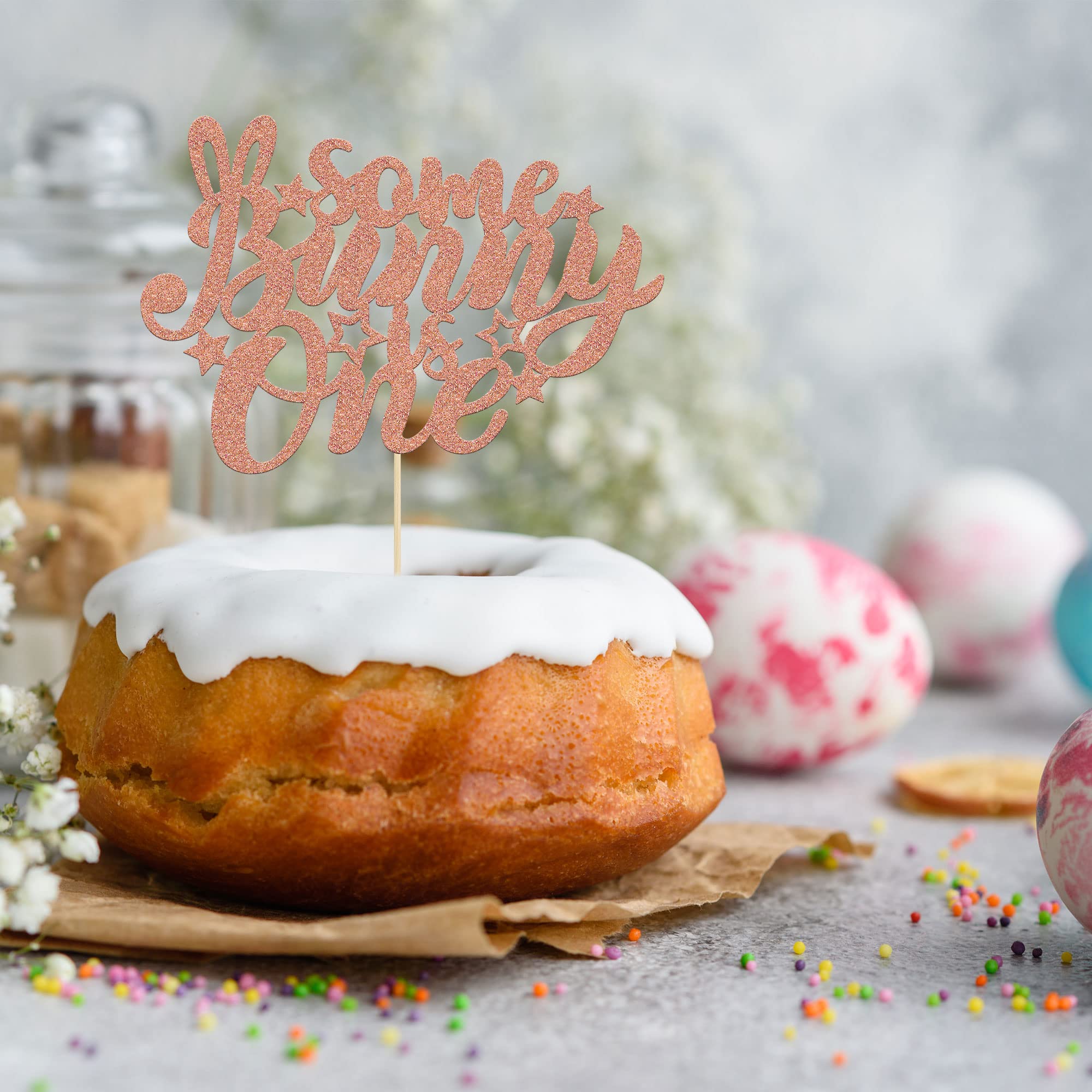 1Pc Rose Gold Glitter Bunny Cake Topper - Happy Easter Rabbit Ears Spring Theme for Kids Birthday Party Supplies | Perfect for 1st Birthday, Easter Celebration & Spring Decorations