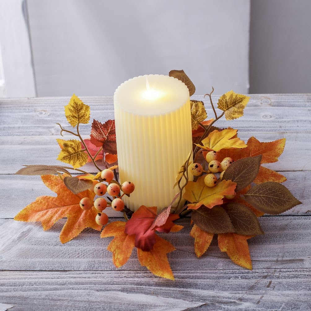 2 Pcs Artificial Maple Leaves Candle Rings with Orange Pip Berries - 3 Inch Center Wreath for Thanksgiving & Fall Decor - Perfect for Pillar Candles, Table Centerpieces, and Harvest Home Decor