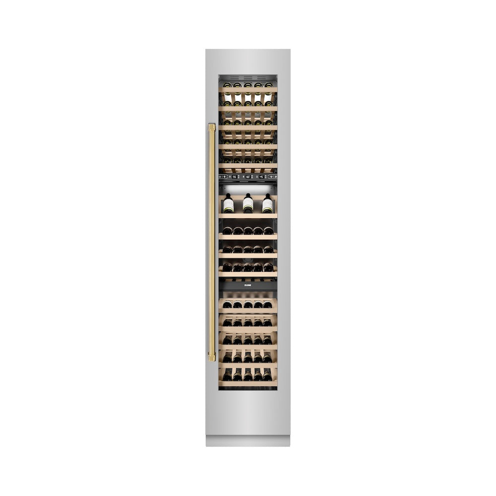 ZLINE Autograph Edition 18-inch 9.0 cu. ft. Triple Zone 68 Bottle Right Hinge Stainless Steel Wine Cooler with Polished Gold Accents - Perfect for Home Bars, Restaurants, and Wine Cellars (RCWVRZ 30418 G)