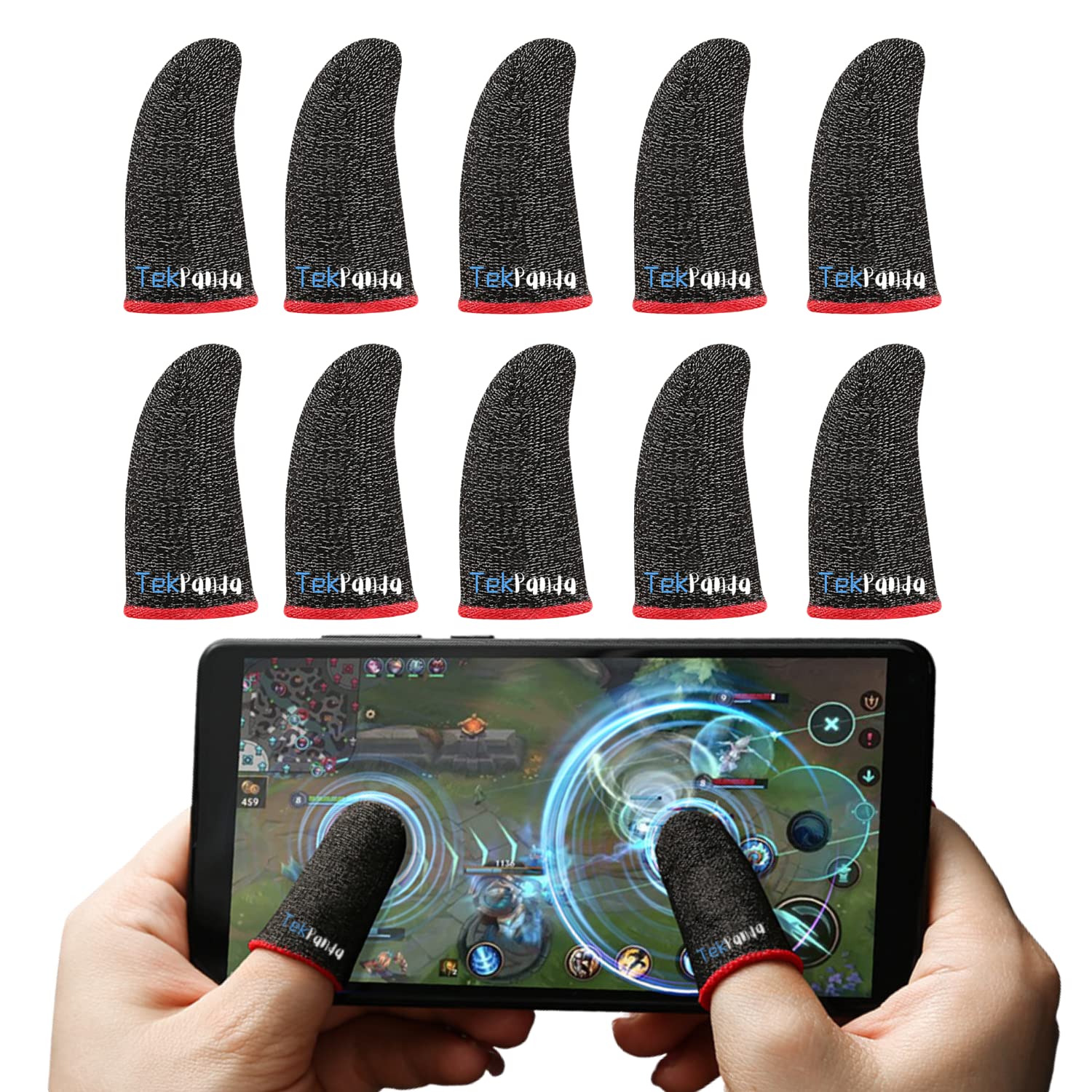 TEKPANDA Gaming Finger Sleeves - 10 Pack Silver Fiber Anti-Sweat Mobile Gaming Gloves for PUBG, Call of Duty, Fortnite | Breathable & Comfortable Touchscreen Finger Covers for Smartphones & Tablets | Perfect for Esports Tournaments & Long Gaming Sessions (Red)