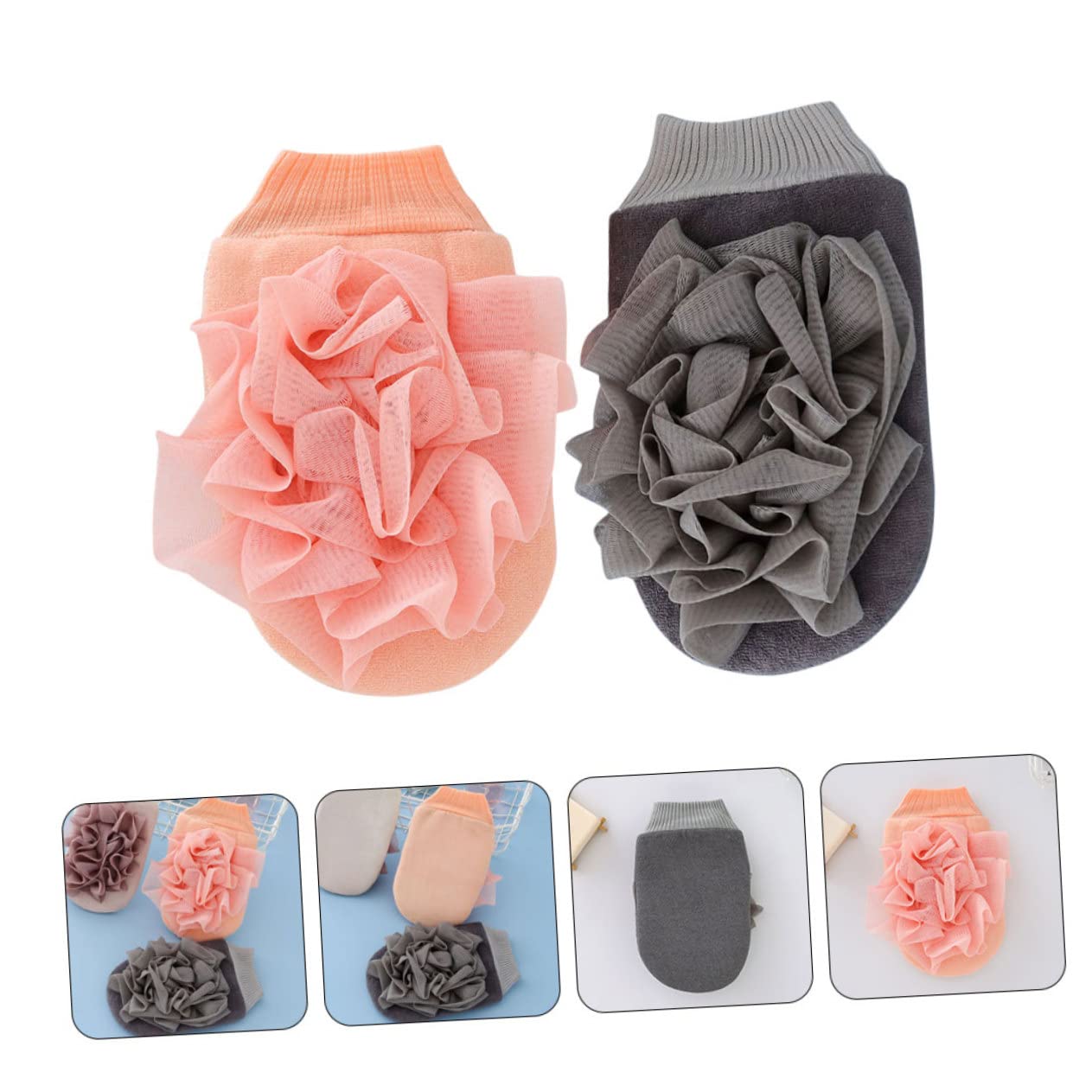 Beautifufu Exfoliating Bath Gloves for Men - 2 Pack Flower Scrub Mitts, Body Wash Gloves for Deep Cleansing & Skin Care - Grey & Pink Shower Accessories - Perfect for Spa, Massage & Daily Exfoliation