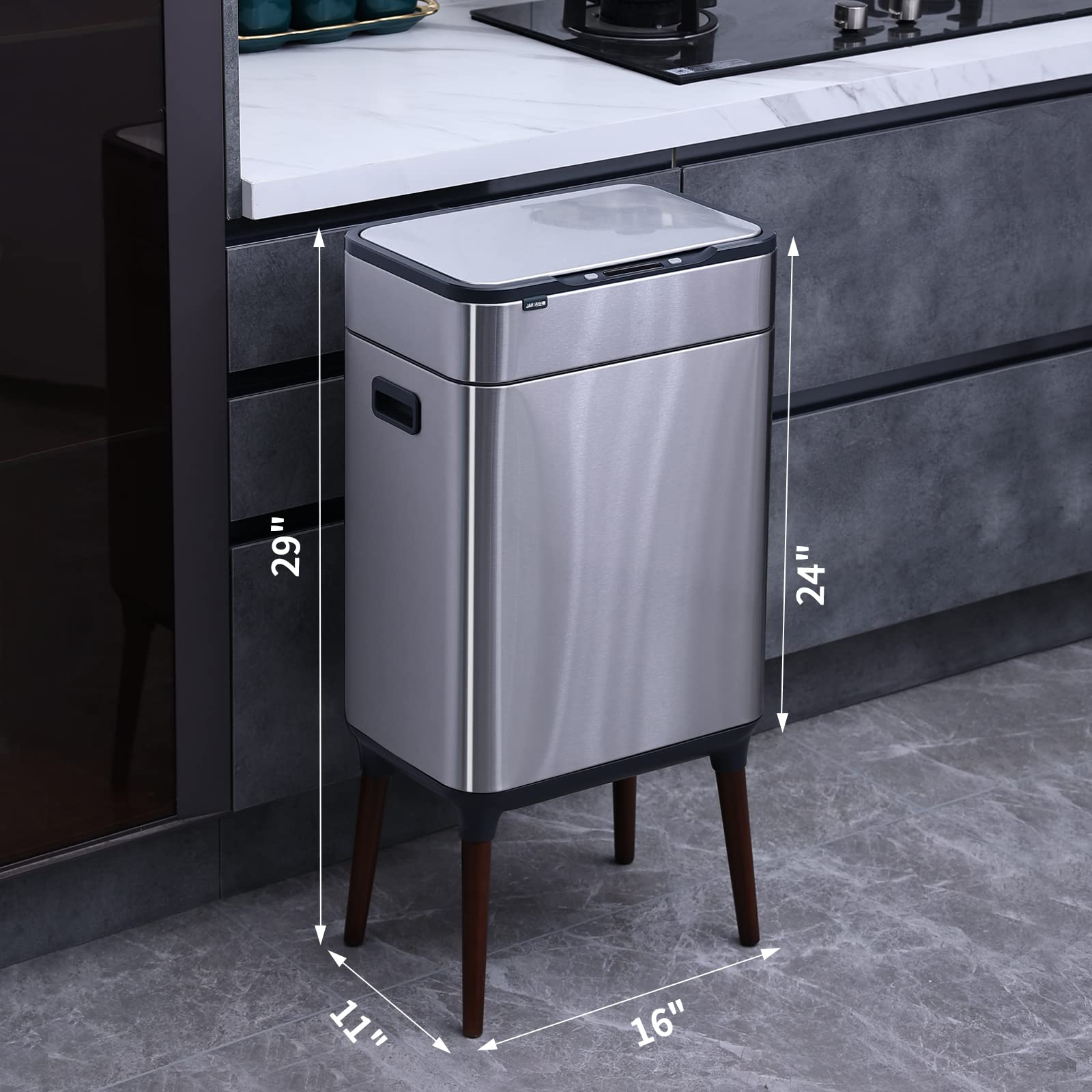 ELPHECO 12 Gallon Stainless Steel Motion Sensor Trash Can - Brushed Metal, No Inner Bucket, Large Capacity with Wooden Legs for Modern Kitchen & Office Use