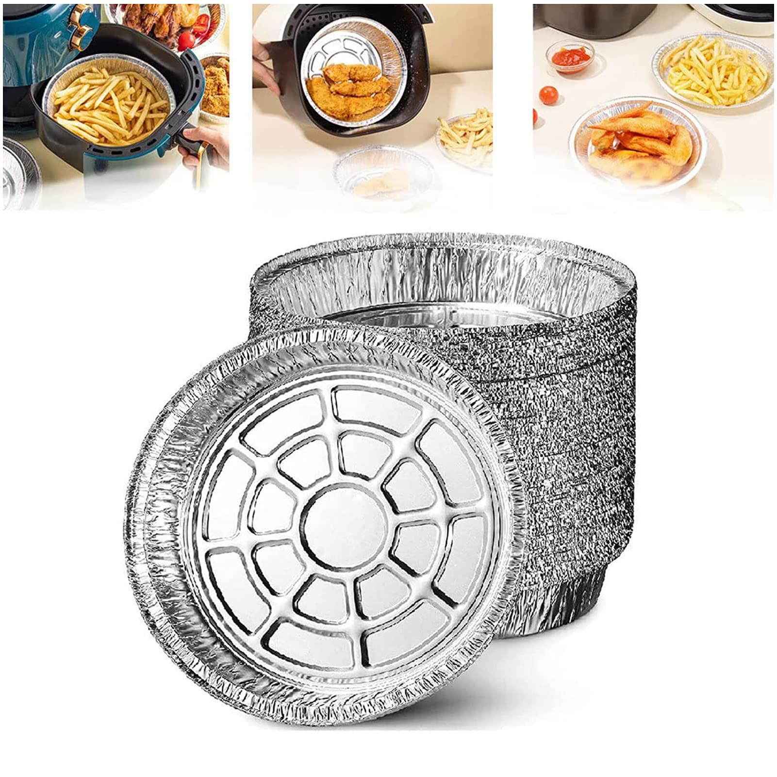 Non-Stick Disposable Aluminum Foil Liners for Air Fryer - Round Oil-Proof Baking Trays for Cooking, Heating & Food Storage - Perfect for Air Fryers, Ovens & Meal Prep
