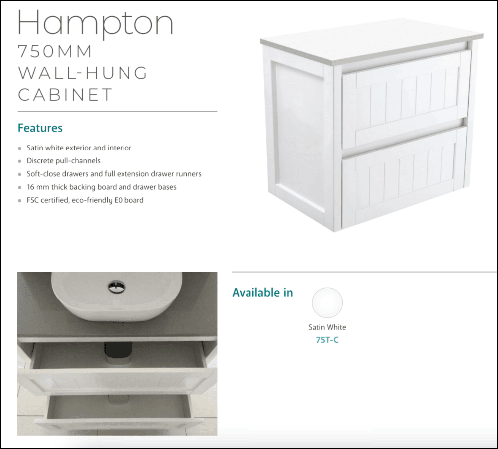 Fienza 750mm SC75T Crystal Pure Undermount Stone Top Hampton Wall Hung Bathroom Vanity Unit in White – Perfect for Modern Master Bathrooms and Powder Rooms