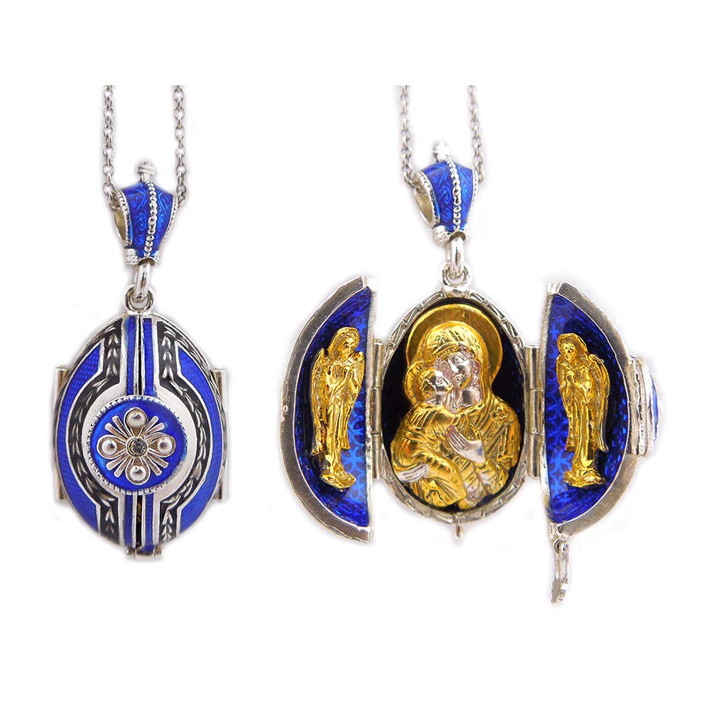Religious Enamel Silver Faberge Style Egg - Gold Plated Angels Blue - Perfect for Easter Gifts, Christmas Decorations & Spiritual Home Décor