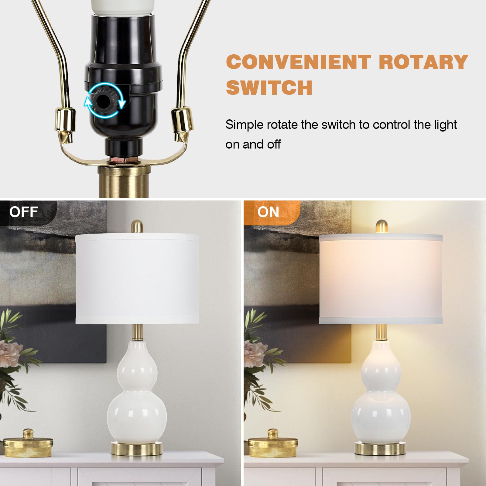 Modern White Double Gourd Ceramic Table Lamps Set of 2 - Contemporary Nightstand Lamps for Bedroom & Living Room with Included Bulb | Perfect for Bedside Lighting, Home Decor, and Cozy Ambiance