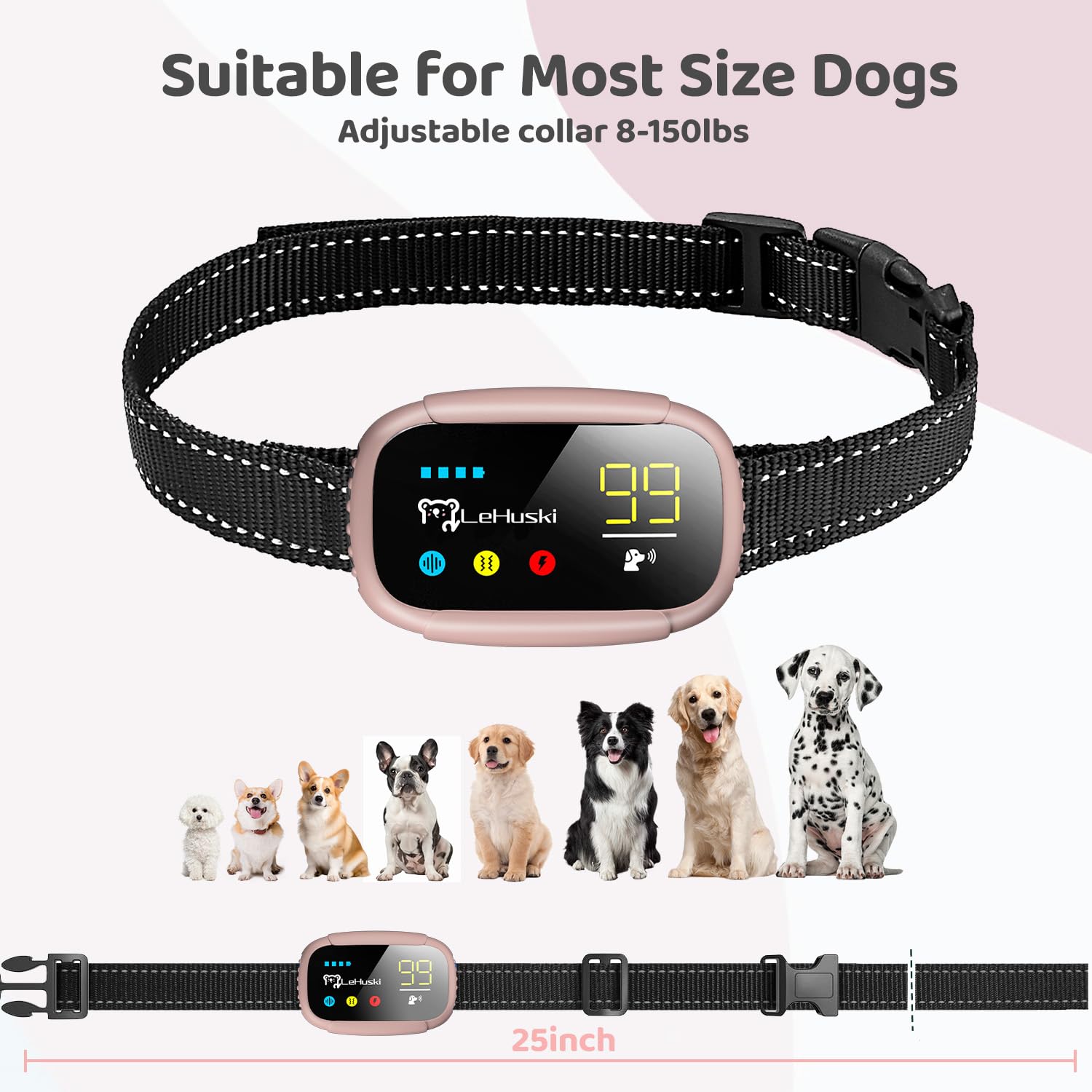 Rechargeable Anti Bark Collar for Dogs - Adjustable Beep & Vibration Training Collar with 5 Sensitivity Levels for Small, Medium & Large Dogs (Pink) | Effective No Bark Control for Home, Yard & Outdoor Use