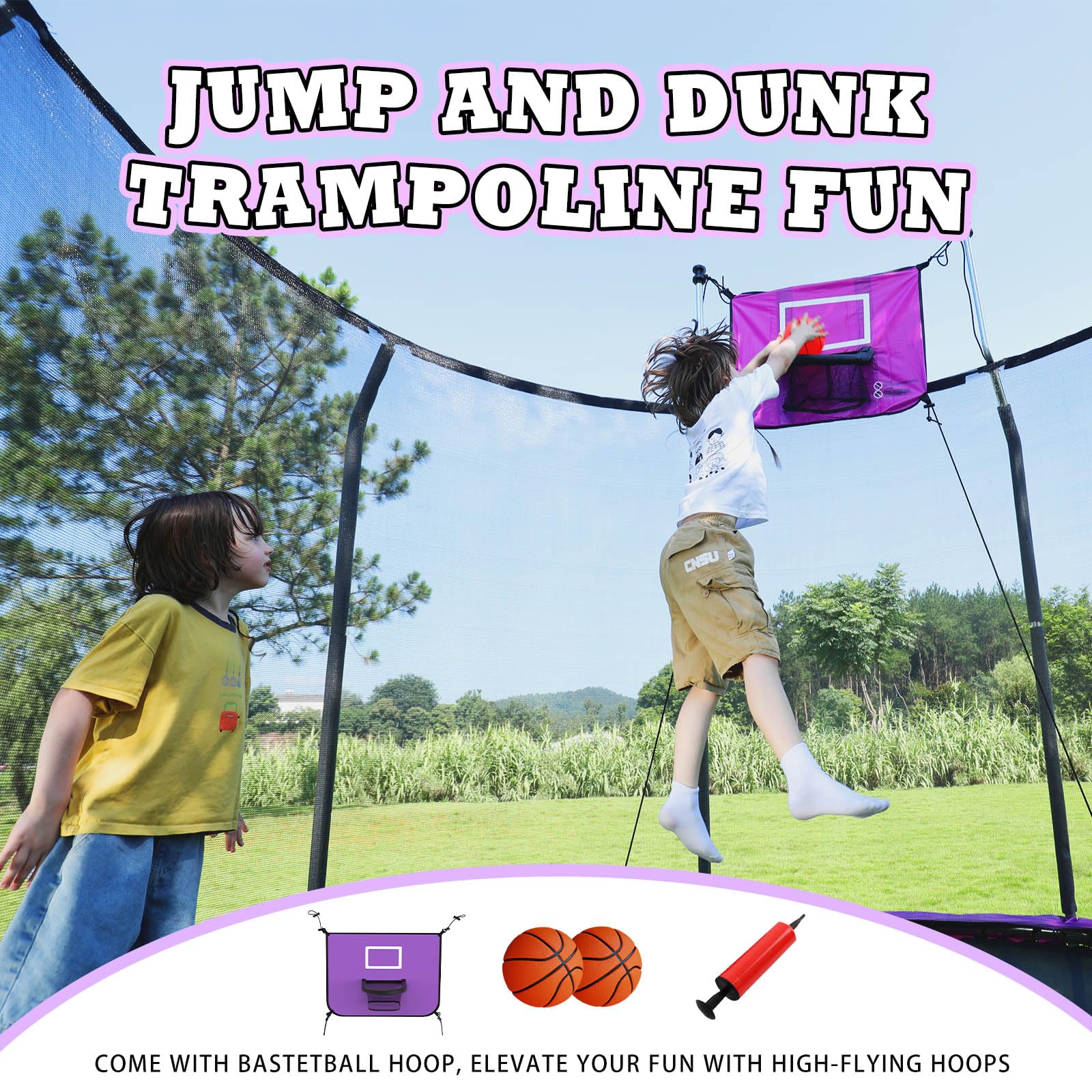8FT 10FT 12FT 14FT Outdoor Trampoline with Basketball Hoop, LED Lights & Safety Net - ASTM Approved Bounce Trampoline for Kids & Adults - Perfect for Backyard Fun, Exercise & Family Recreation