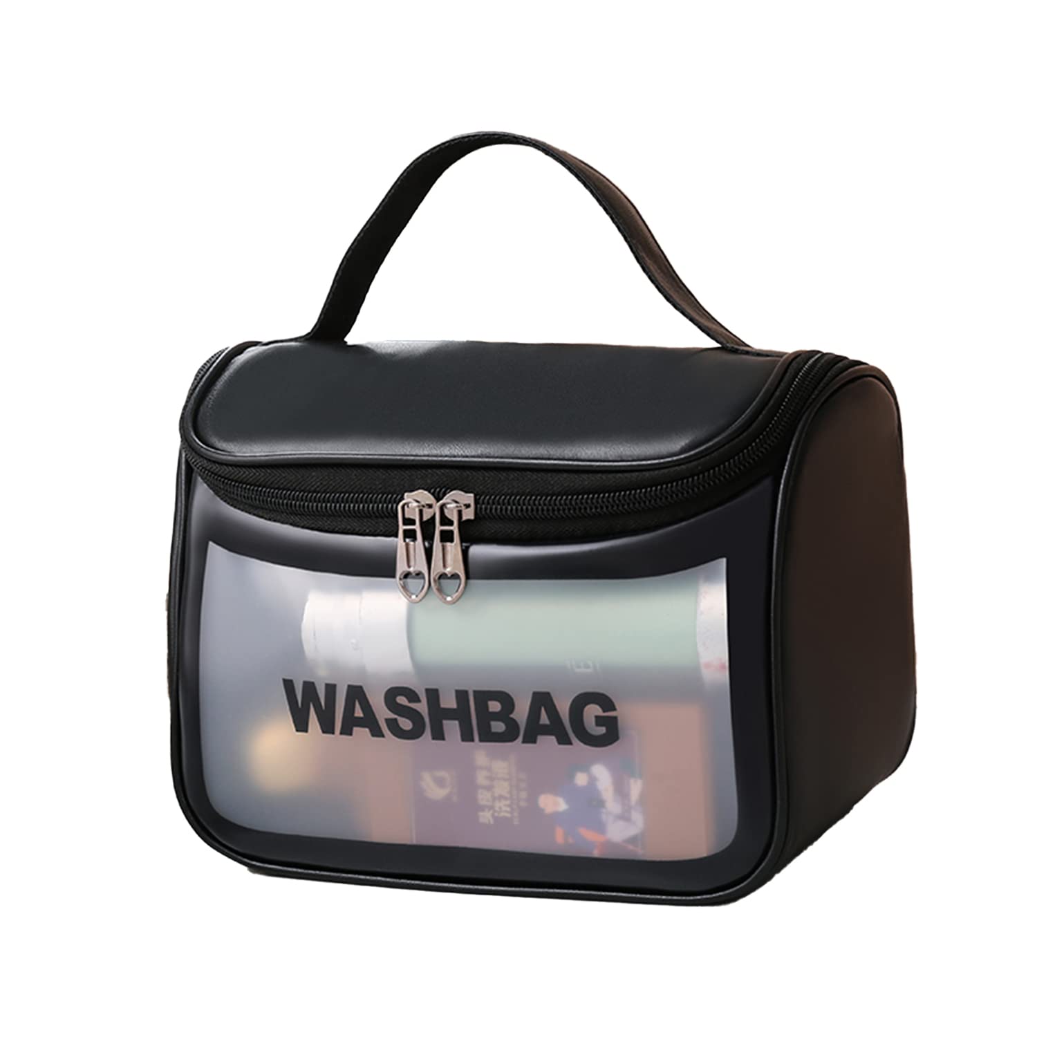 LEGMEE Clear Travel Toiletry Bag for Women - Waterproof PVC Makeup Organizer with Wide Opening, Portable Cosmetic Case for Girls (Black) | Perfect for Air Travel, Gym, Beach & Daily Use