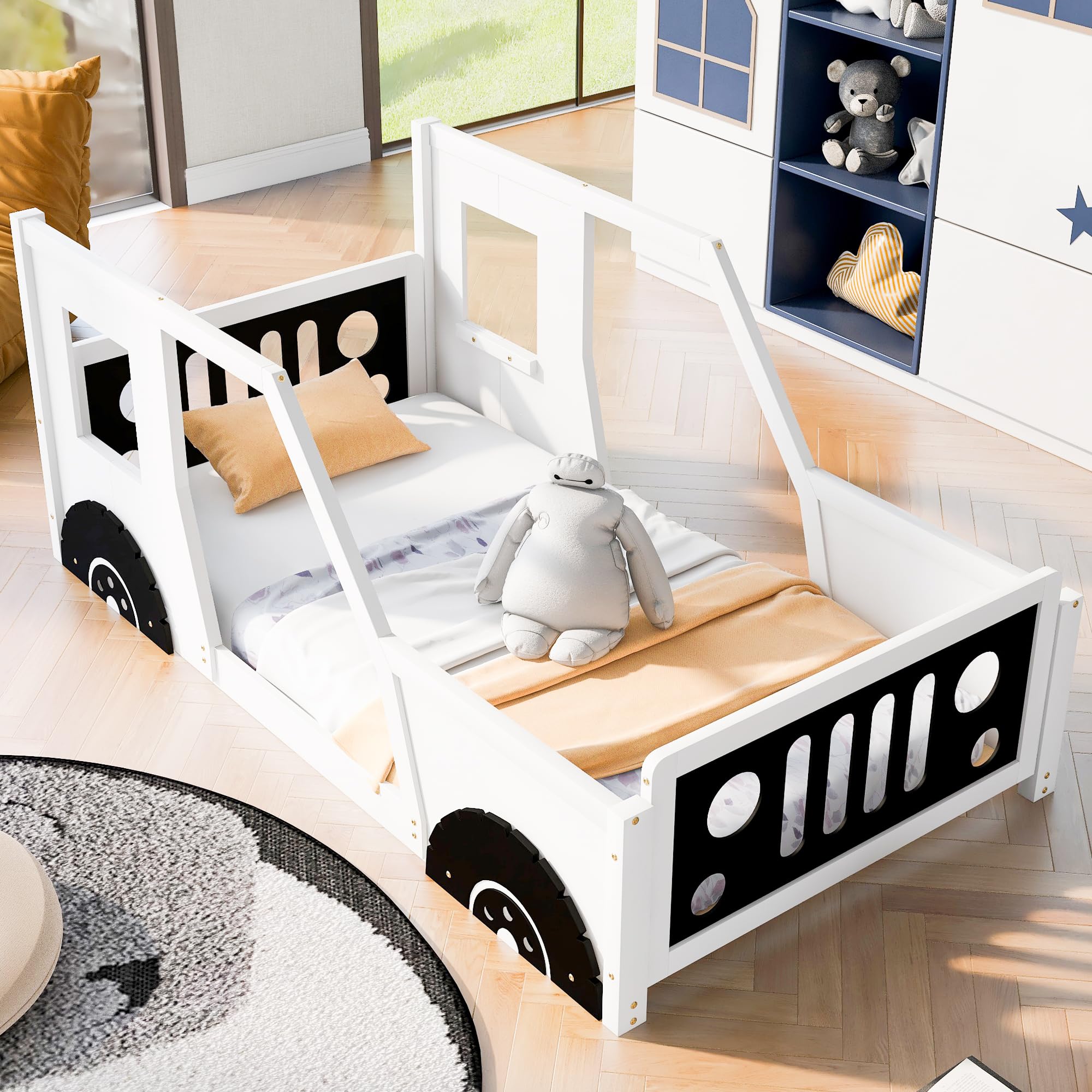 **MERITLINE Twin Size Kids Floor Car Bed - Wooden Platform Bed Frame with Doors, Wheels & Slat Support - No Box Spring Needed - Perfect for Boys & Girls Bedrooms, Playrooms & Themed Kids Rooms - White**
