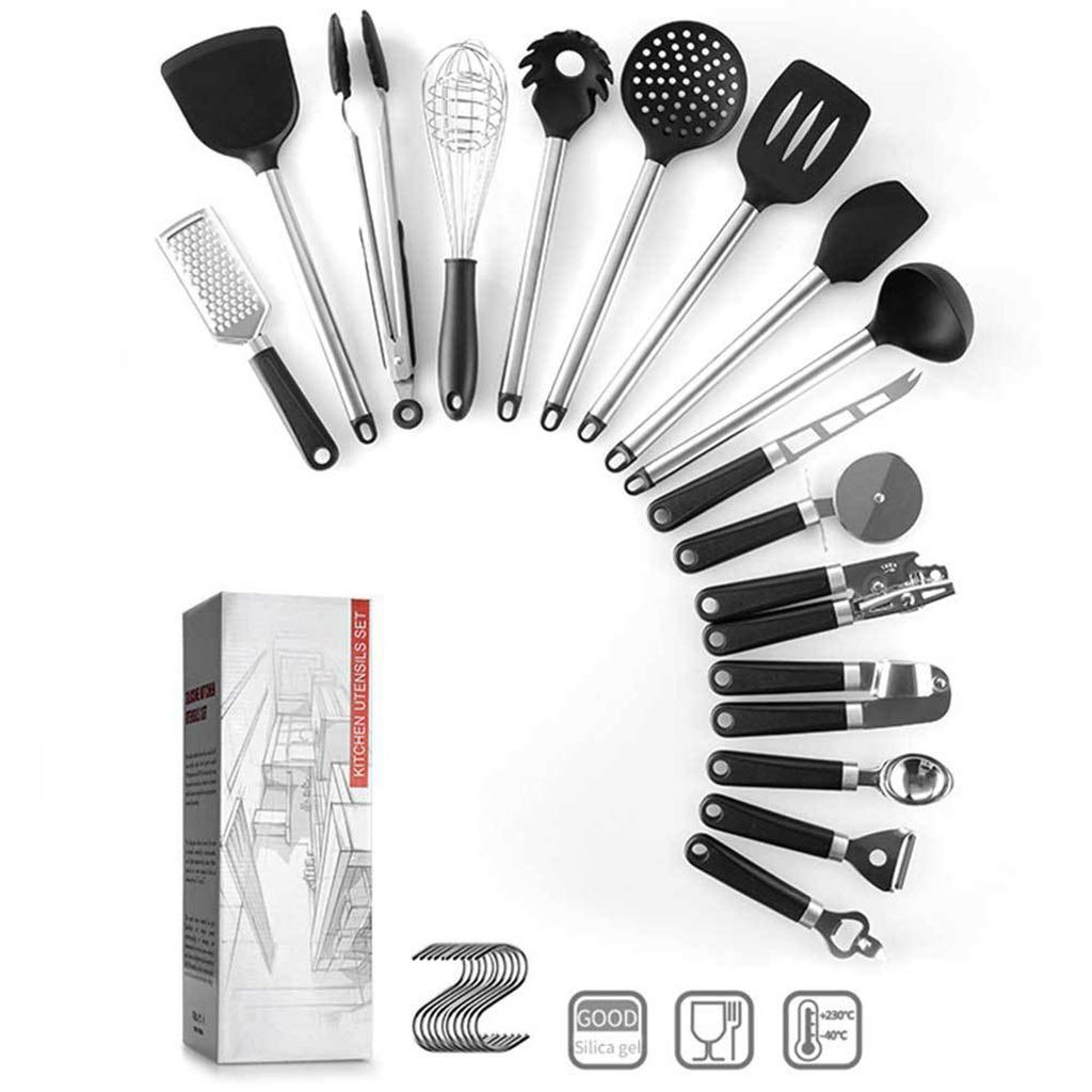16-Piece Silicone Kitchen Utensil Set with Stainless Steel Handles & Storage Holder - Nonstick Cooking Tools for Baking, Frying, Sauteing - Includes 10 Hooks for Kitchen Organization (Ideal for Home Chefs & Professional Kitchens)