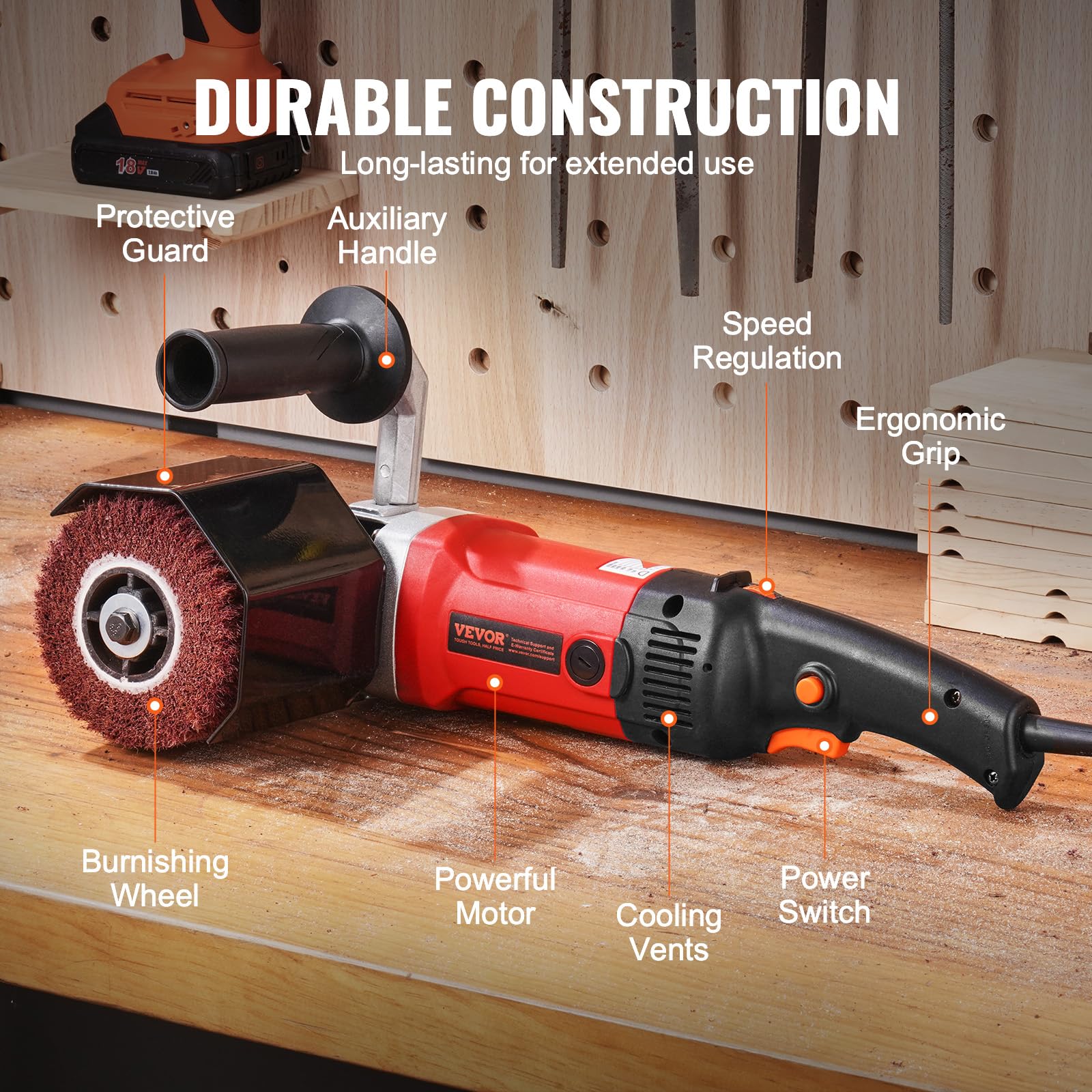 VEVOR 1200W Variable Speed Handheld Electric Metal Burnishing Polishing Machine with 4 Fiber Wheels - Professional Surface Conditioning Tool for Stainless Steel & Non-Ferrous Metals - Perfect for Metal Restoration, Automotive Detailing & DIY Projects